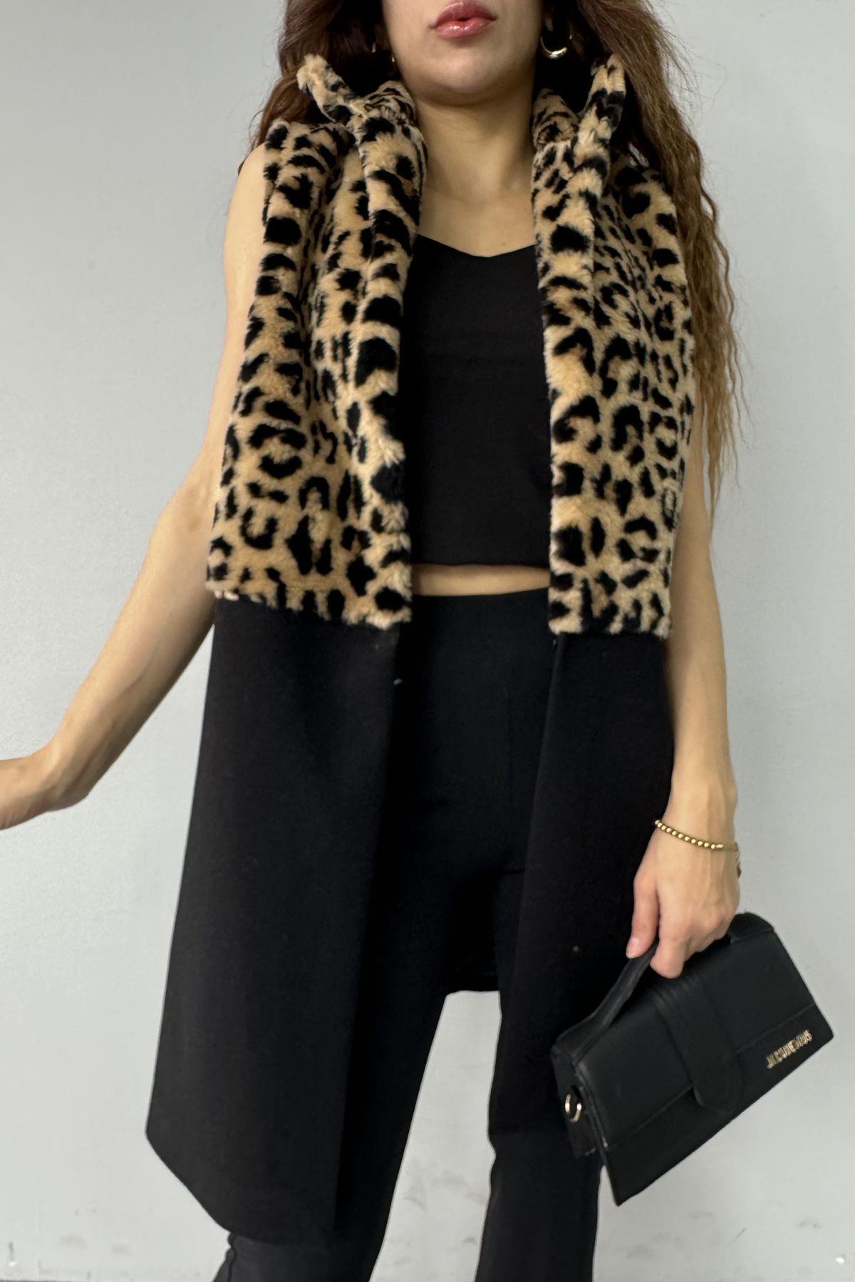 LEOPAR PELUŞ GARNİLİ KAŞE YELEK