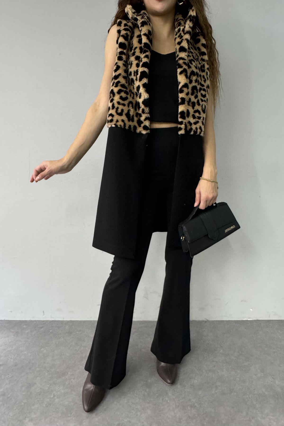 LEOPAR PELUŞ GARNİLİ KAŞE YELEK