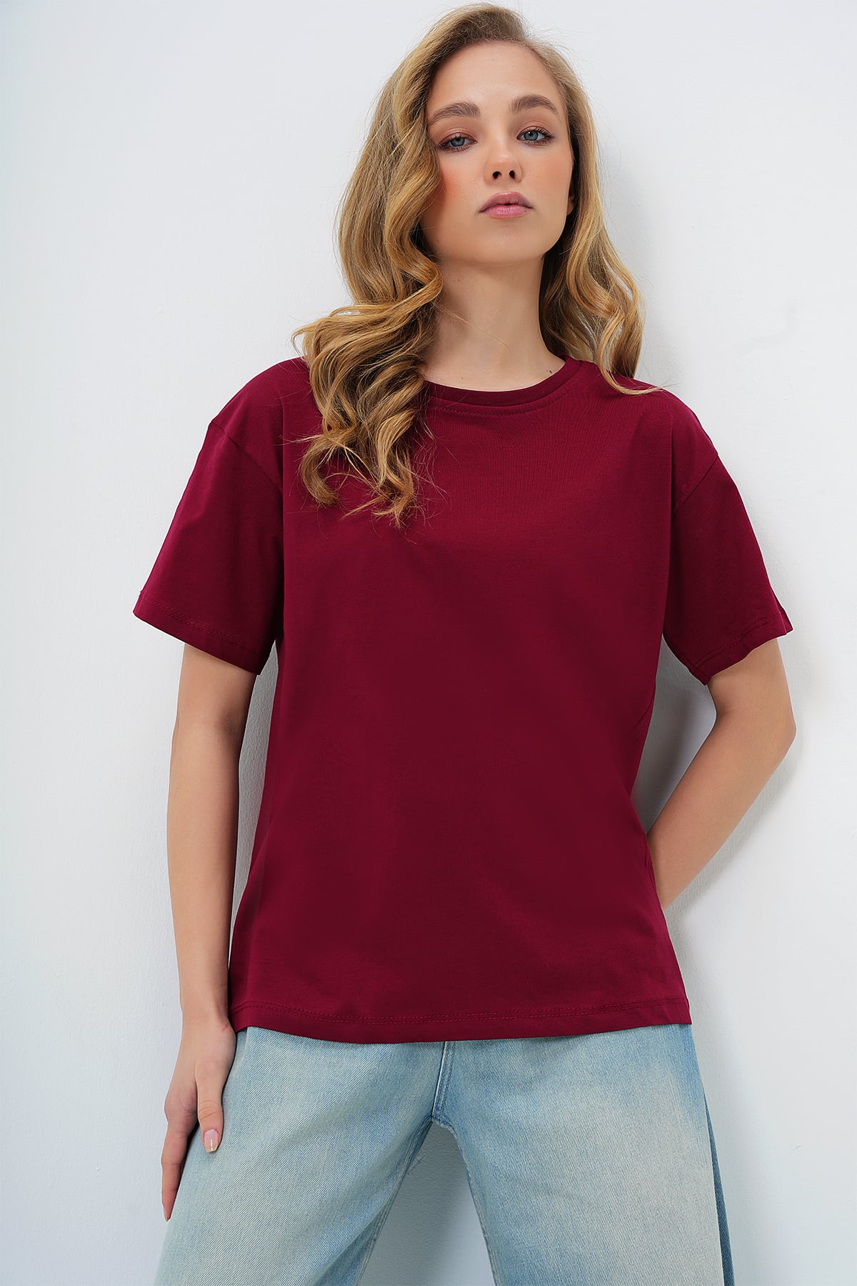 2'Lİ PAKET BİSİKLET YAKA BASİC T-SHIRT - BORDO-BEYAZ