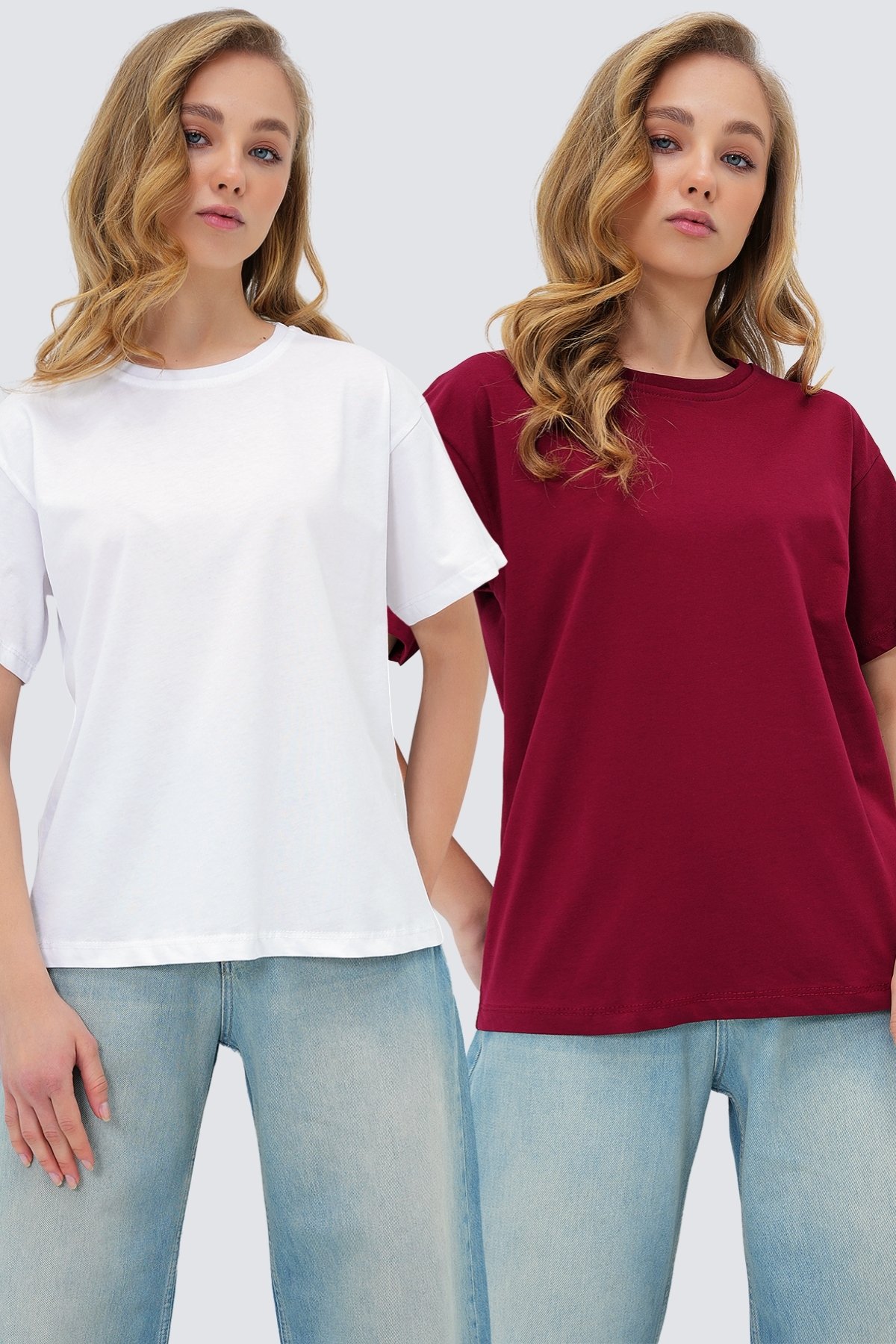 2'Lİ PAKET BİSİKLET YAKA BASİC T-SHIRT - BORDO-BEYAZ