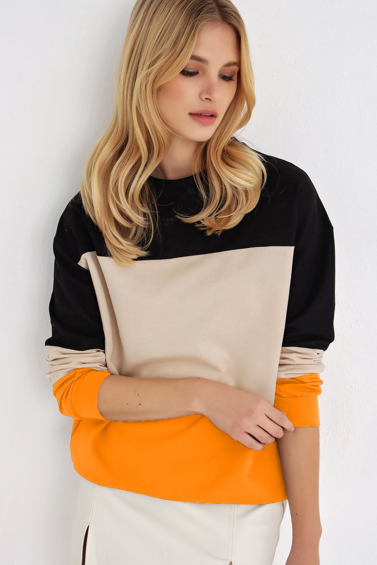 3 Bloklu Bisiklet Yaka Sweatshirt - Turuncu