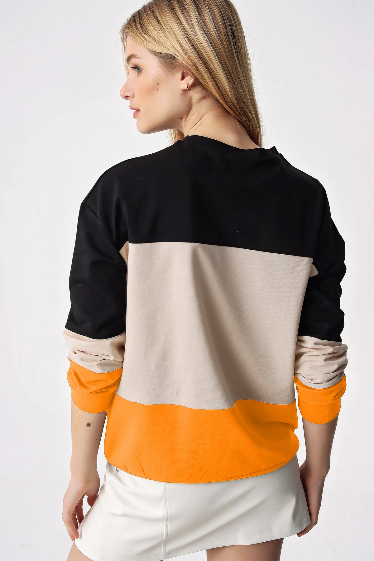 3 Bloklu Bisiklet Yaka Sweatshirt - Turuncu