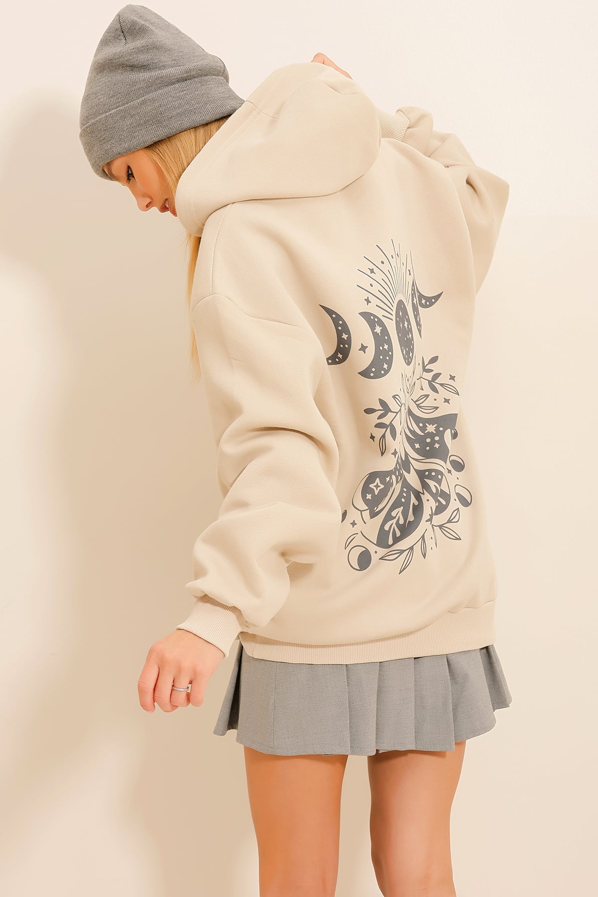 3 İplik İçi Polarlı Kapüşonlu Sweatshirt - Bej