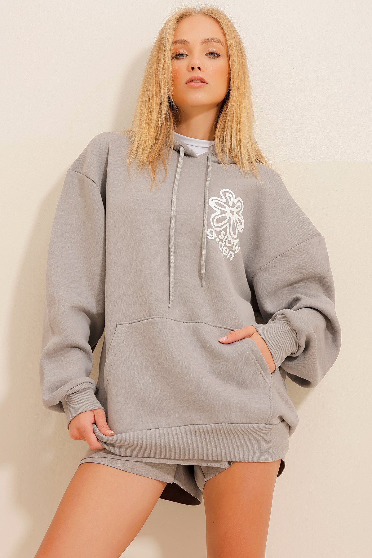 3 İplik İçi Polarlı Kapüşonlu Sweatshirt - Gri