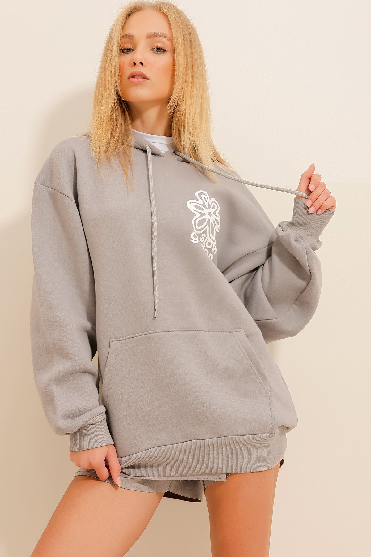 3 İplik İçi Polarlı Kapüşonlu Sweatshirt - Gri