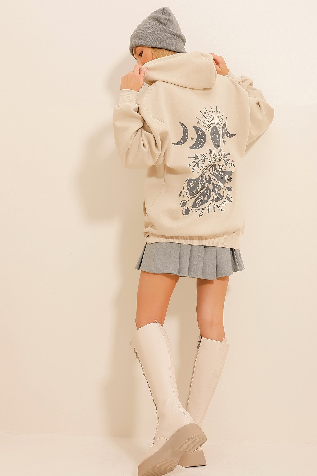 3 İplik İçi Polarlı Kapüşonlu Sweatshirt - Bej