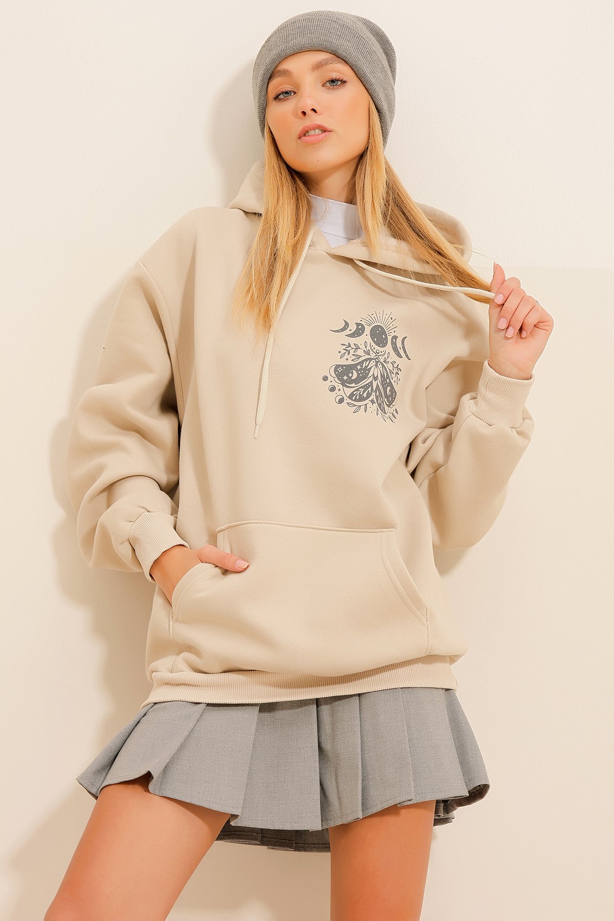 3 İplik İçi Polarlı Kapüşonlu Sweatshirt - Bej