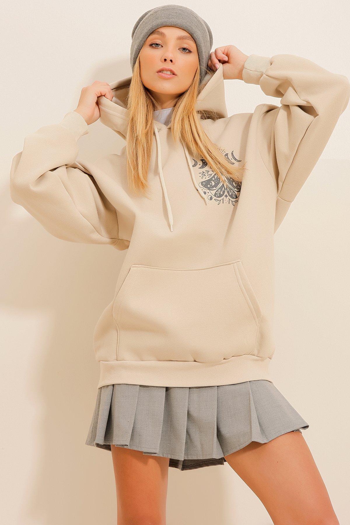 3 İplik İçi Polarlı Kapüşonlu Sweatshirt - Bej