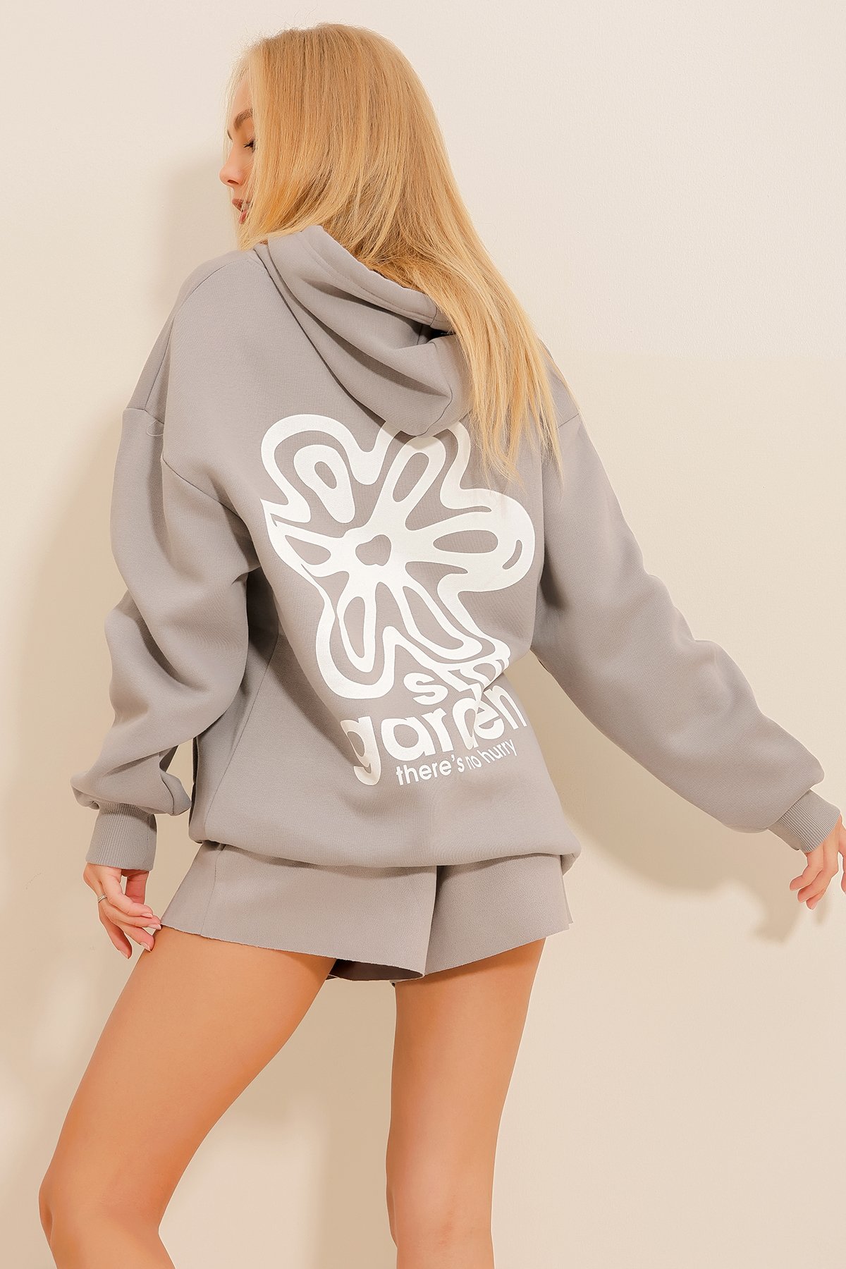 3 İplik İçi Polarlı Kapüşonlu Sweatshirt - Gri