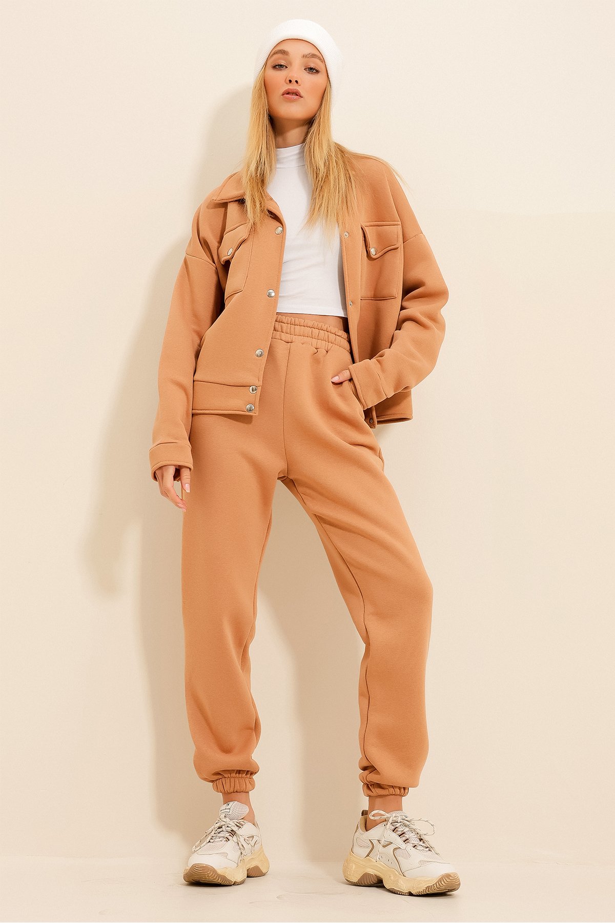 3 İplik İçi Şardonlu Ceket Ve Jogging Pantolon Takım - Camel