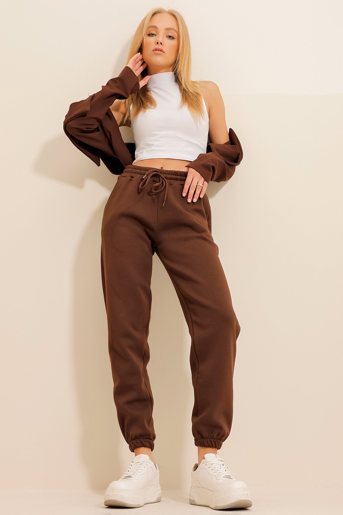 3 İplik İçi Şardonlu Jogging Eşofman Altı - Kahve