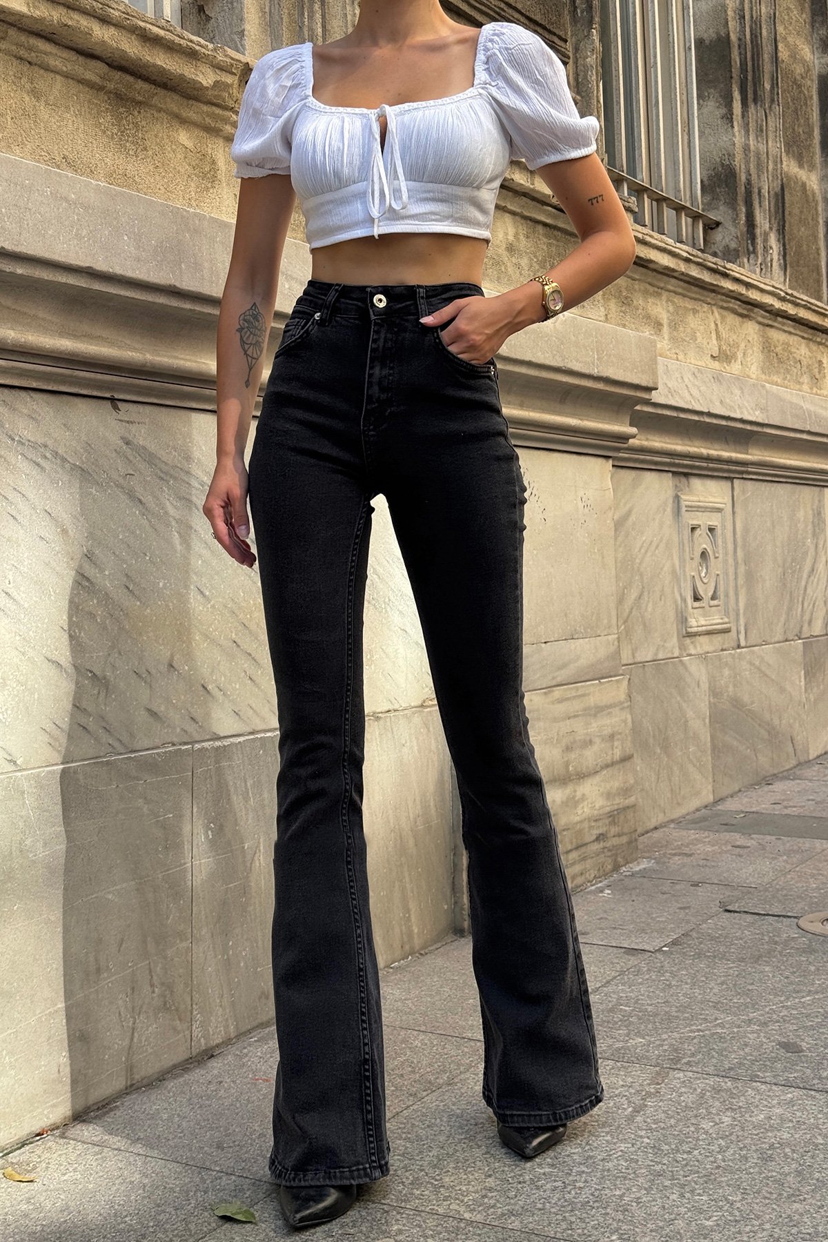 5 Cepli Full Likra İspanyol Paça JEan - ANTRASİT