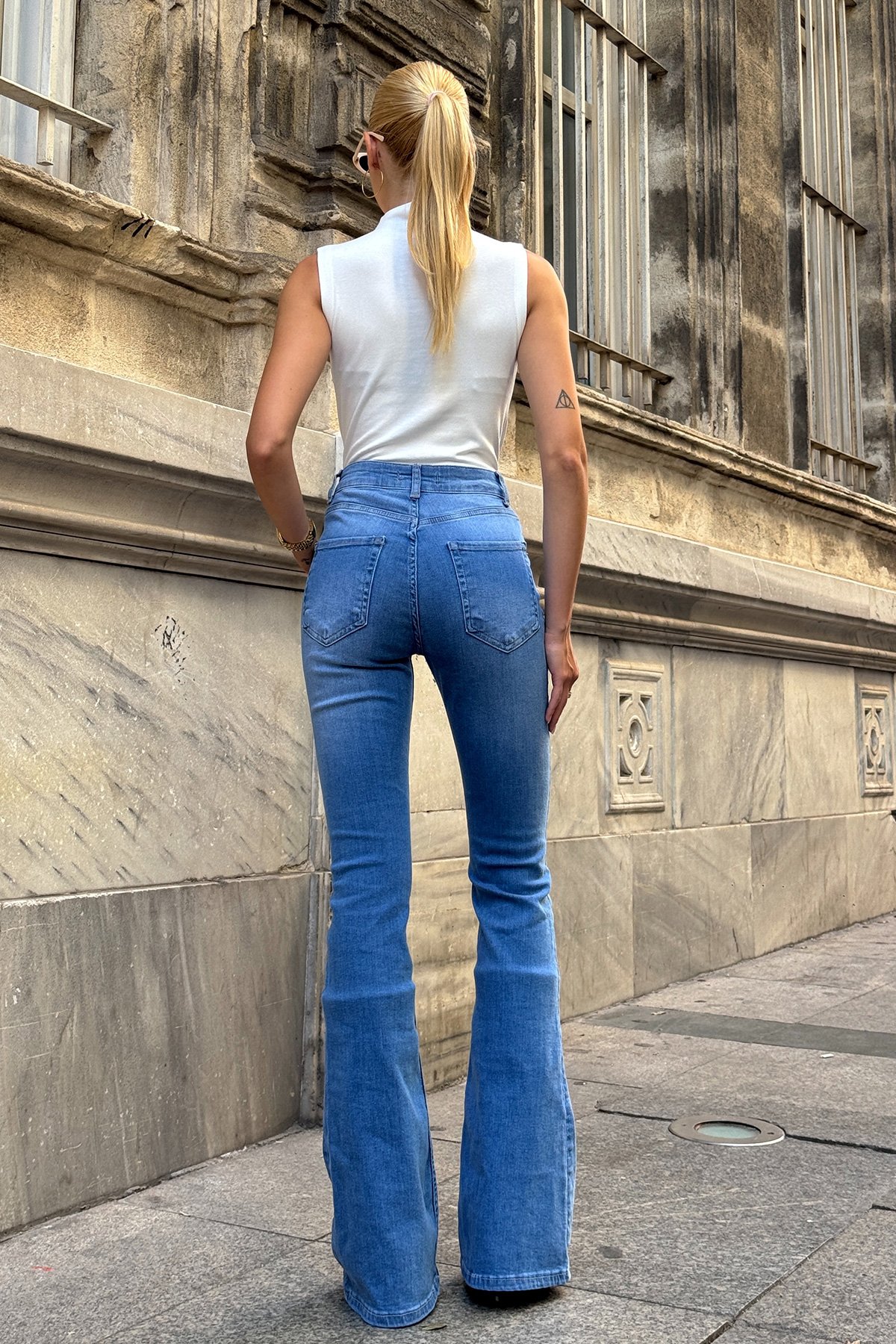 5 Cepli Full Likra İspanyol Paça JEan - MAVİ