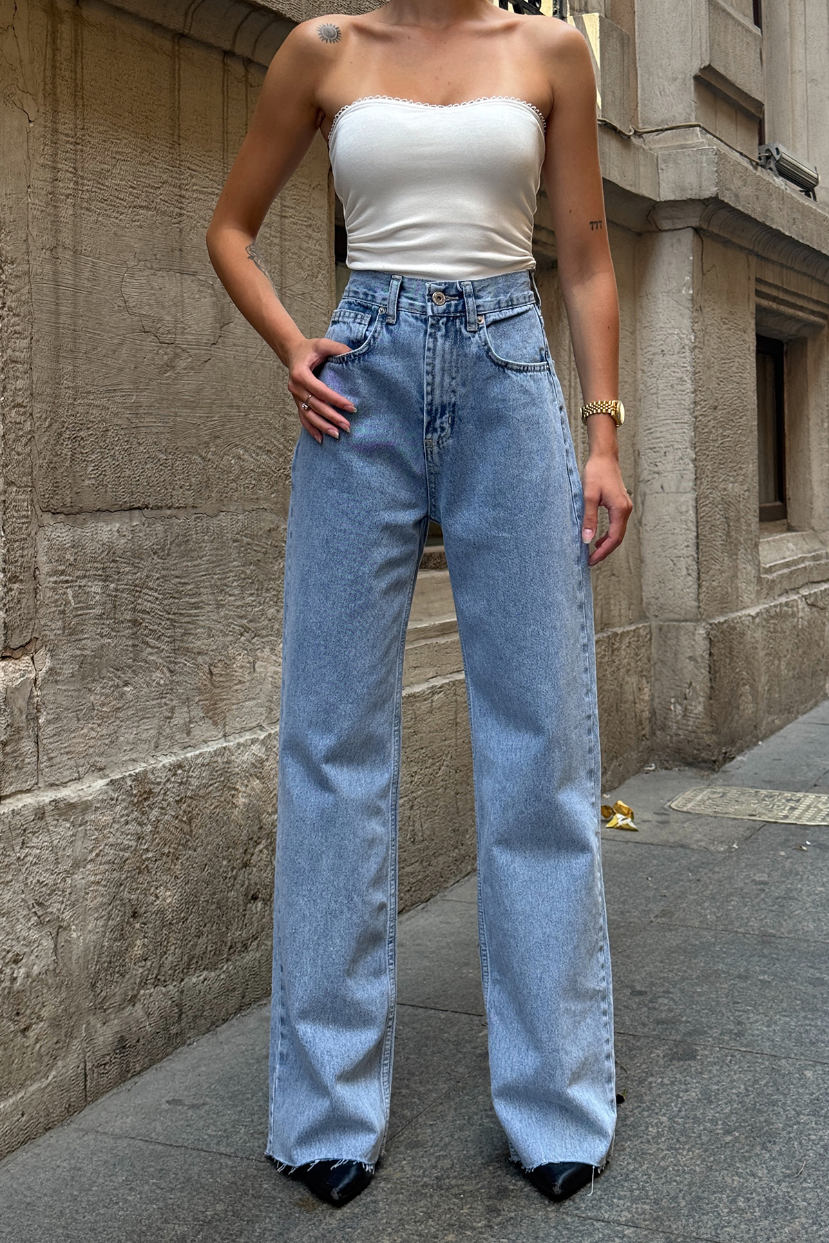 5 Cepli Paçası Püsküllü Bol Paça Jean - MAVİ