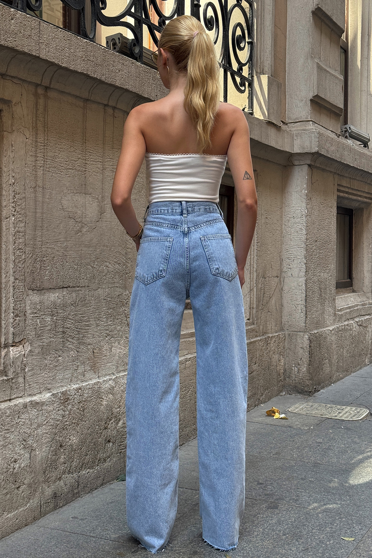 5 Cepli Paçası Püsküllü Bol Paça Jean - MAVİ