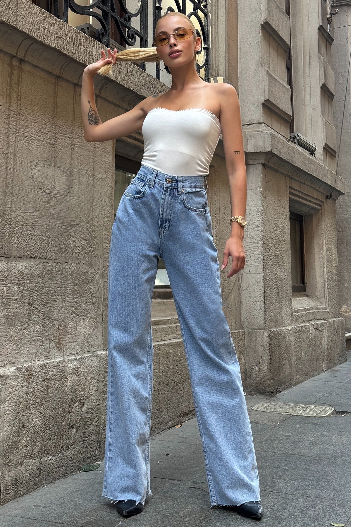 5 Cepli Paçası Püsküllü Bol Paça Jean - MAVİ