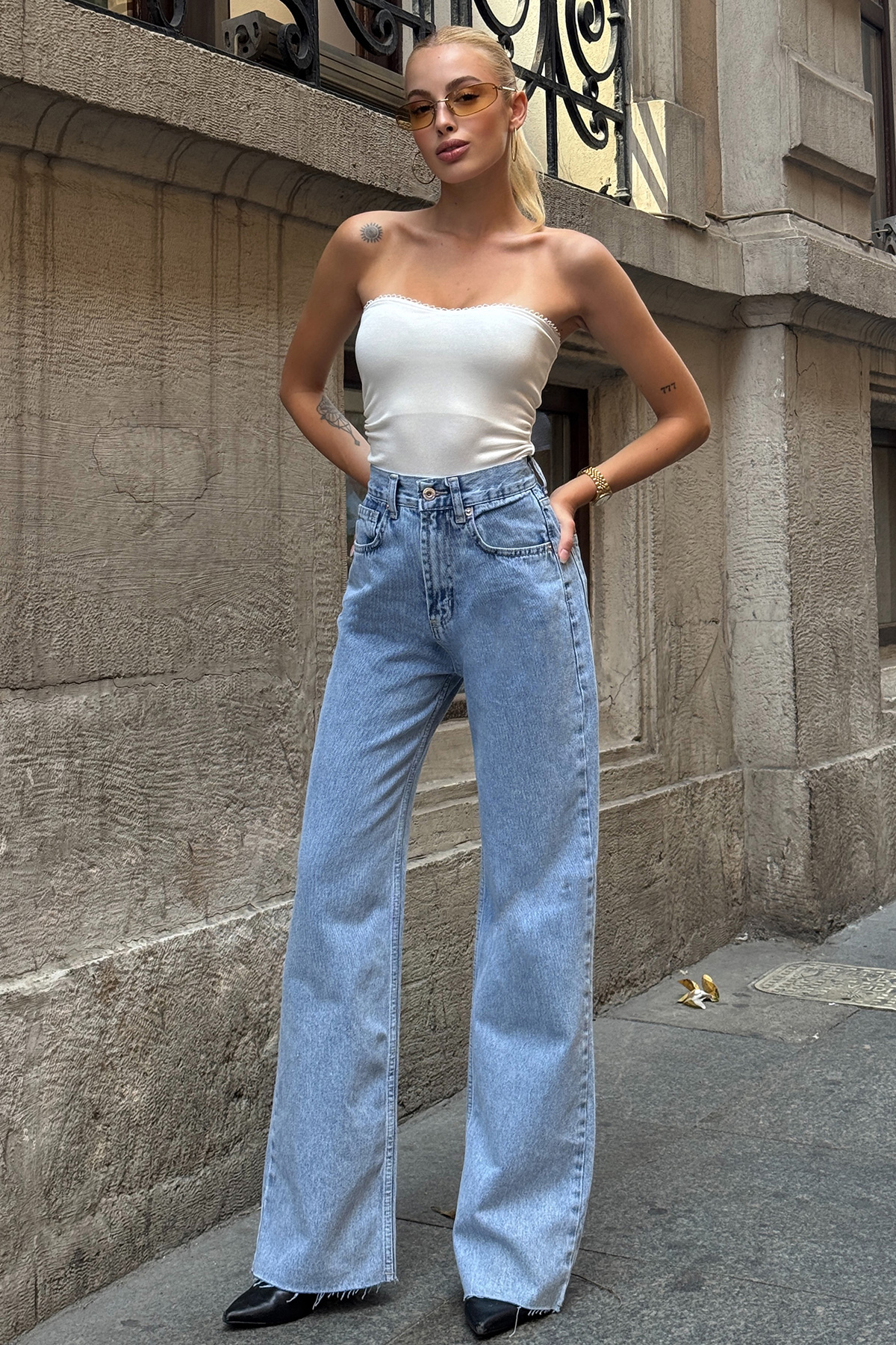 5 Cepli Paçası Püsküllü Bol Paça Jean - MAVİ