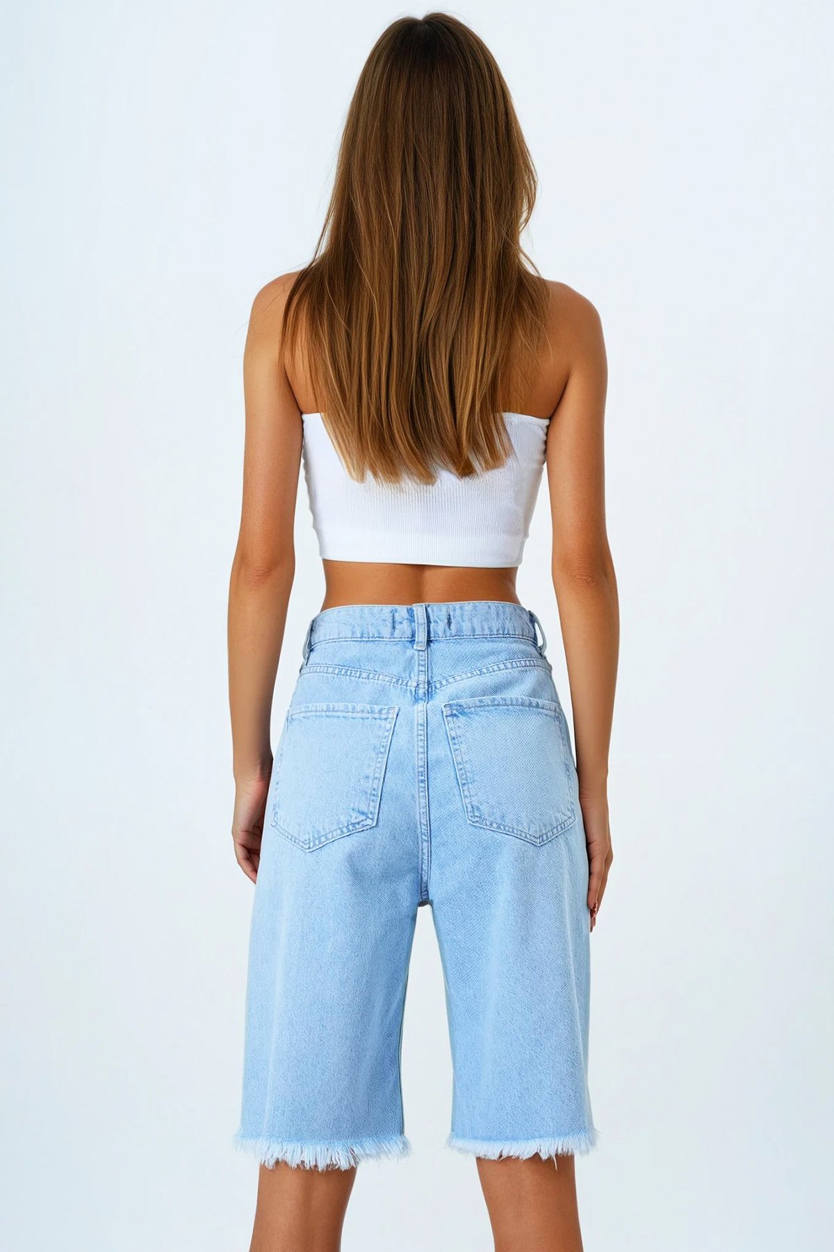 5 Cepli Paçası Püsküllü Denim Şort - BUZ MAVİ