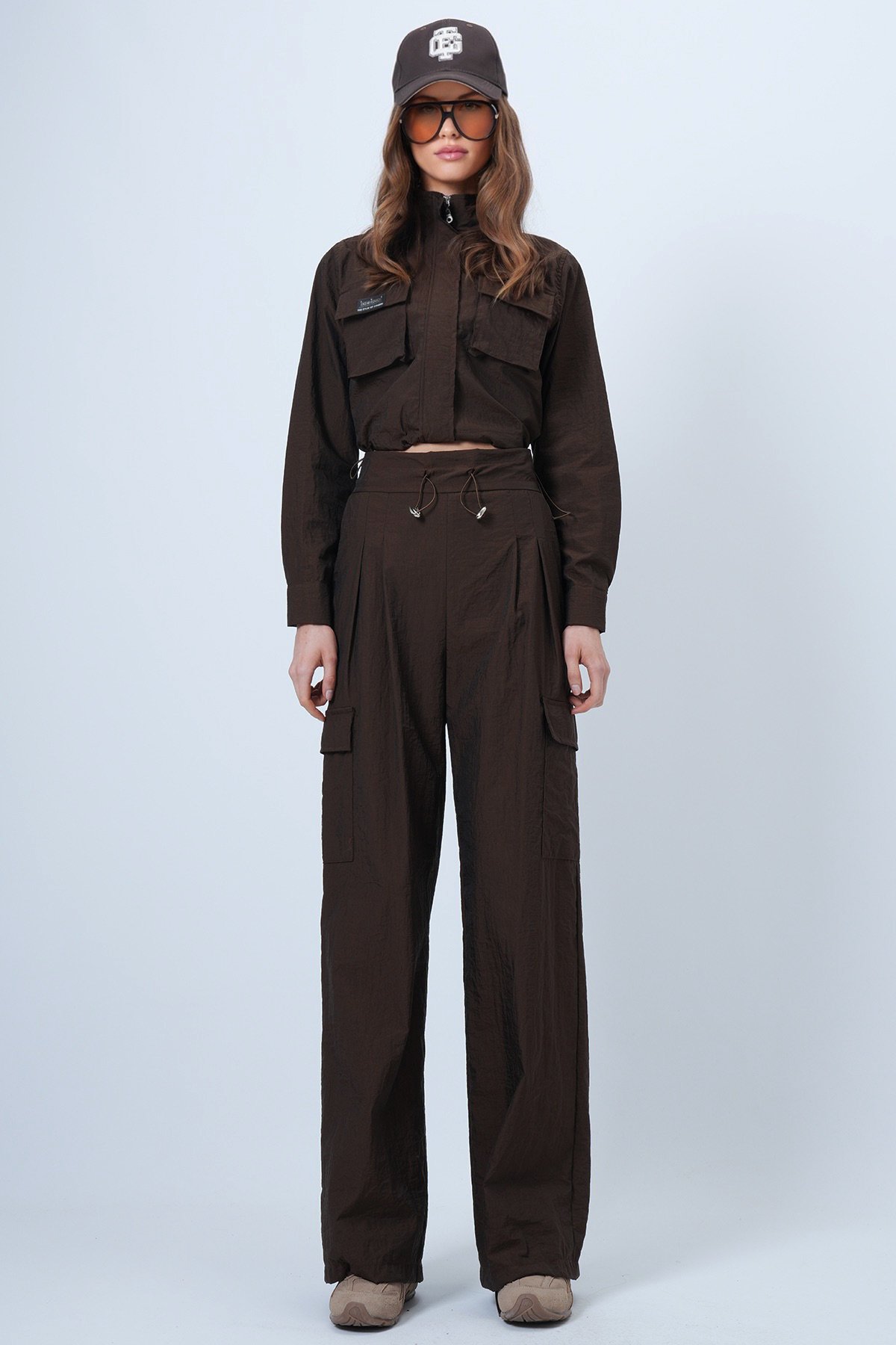 akim Yaka Çift Kapak Cepli Ceket Ve Bol Paça Pantolon Takım - KAHVERENGİ