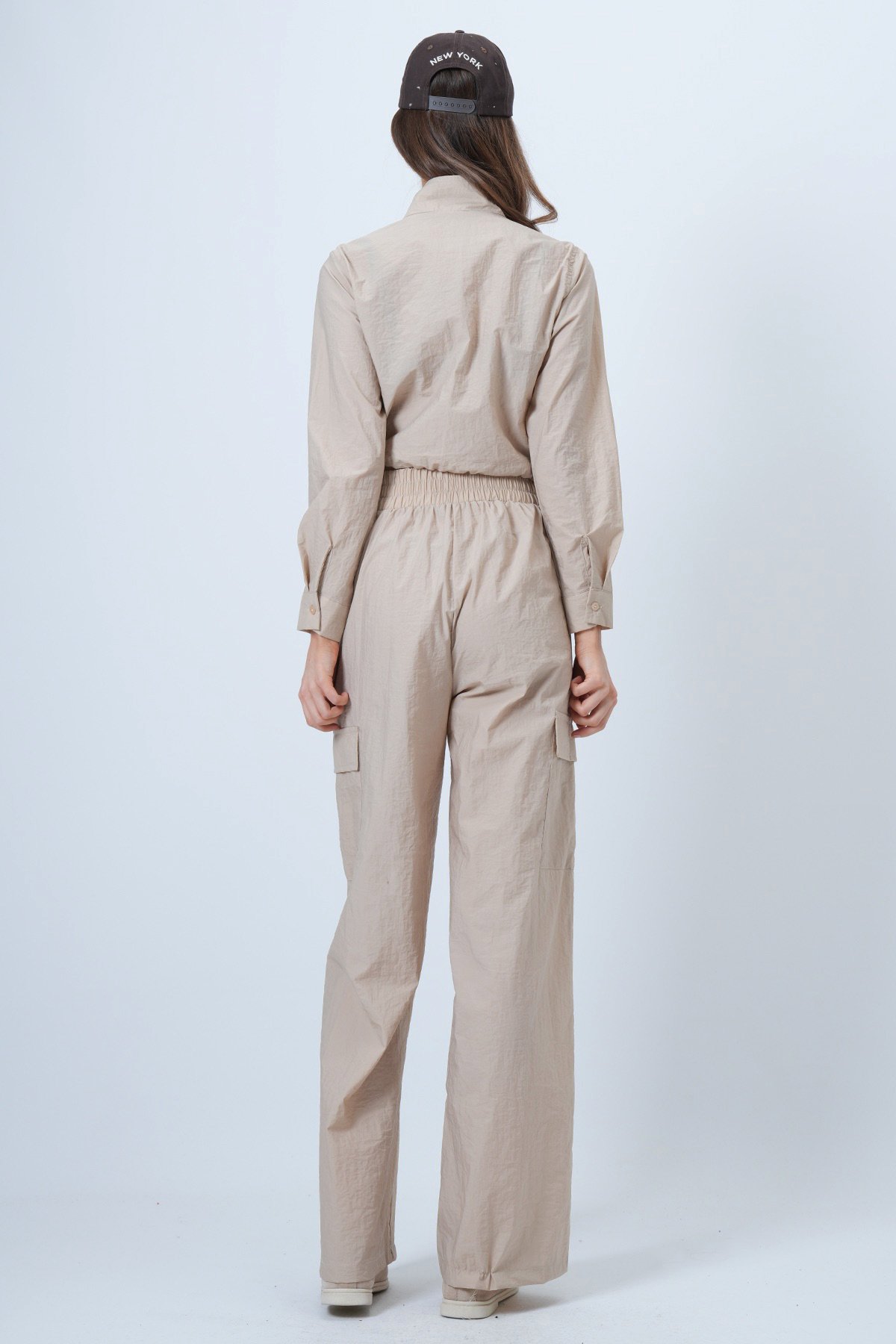 akim Yaka Çift Kapak Cepli Ceket Ve Bol Paça Pantolon Takım - BEJ