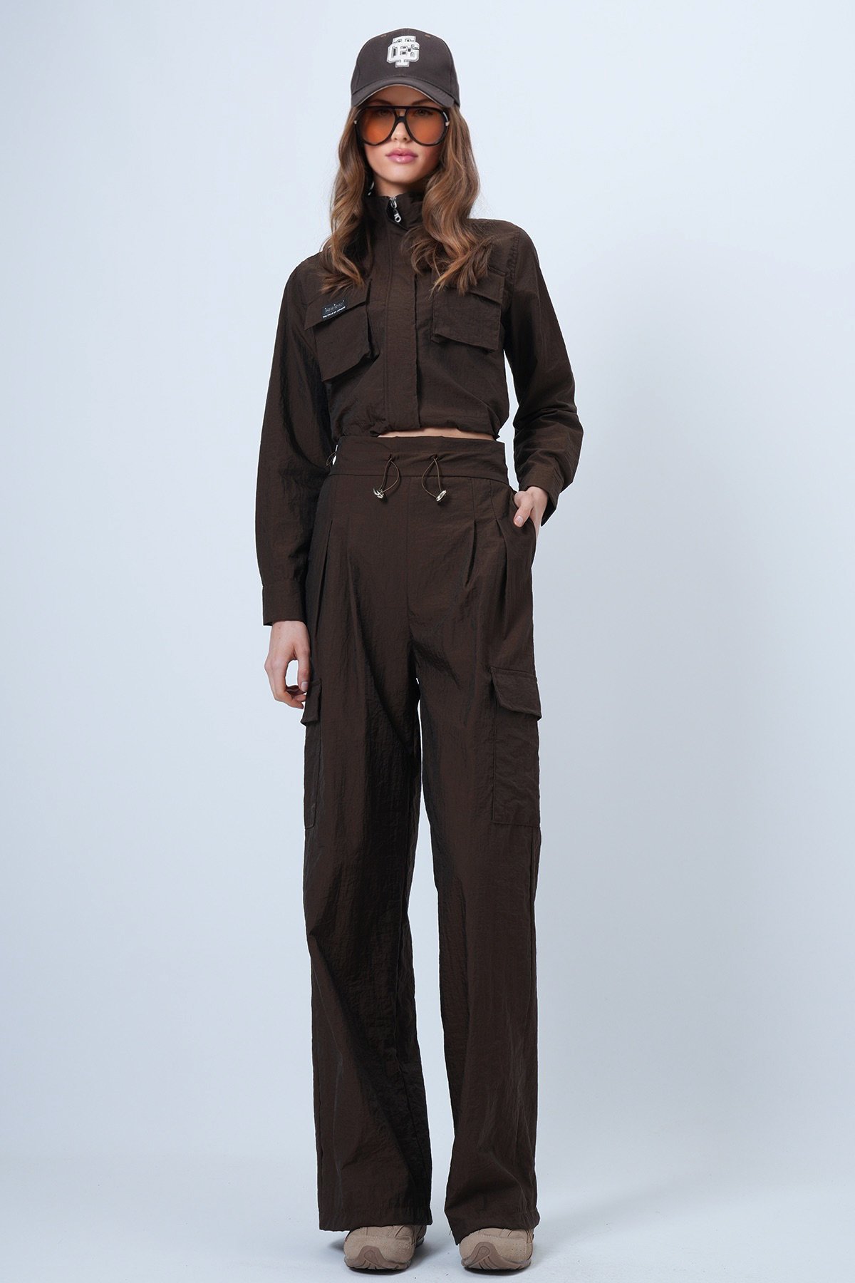 akim Yaka Çift Kapak Cepli Ceket Ve Bol Paça Pantolon Takım - KAHVERENGİ