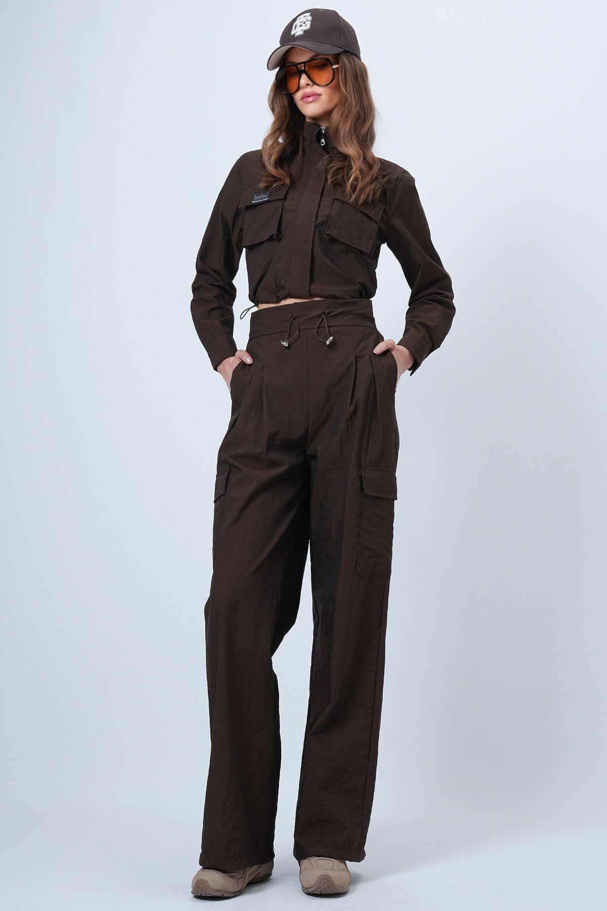 akim Yaka Çift Kapak Cepli Ceket Ve Bol Paça Pantolon Takım - KAHVERENGİ