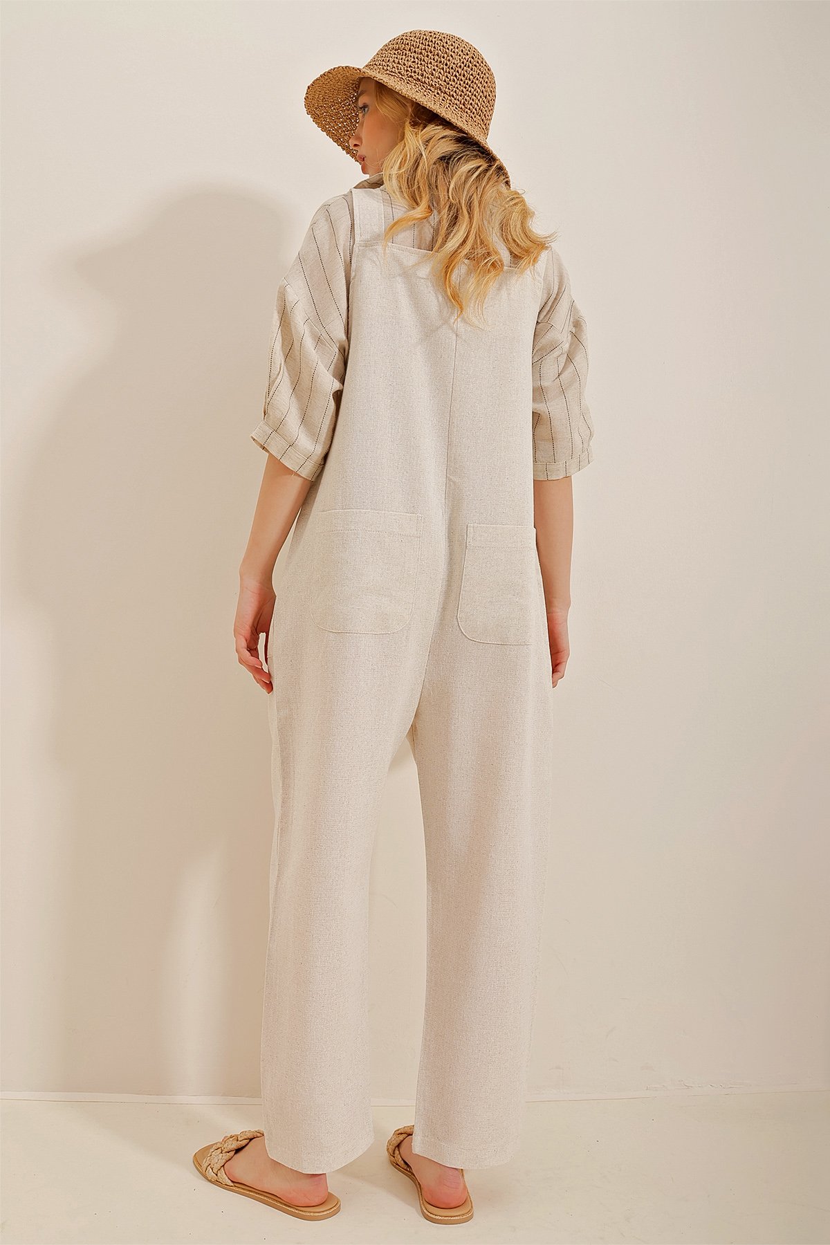 Altı Cepli Keten Oversize Salopet - Bej