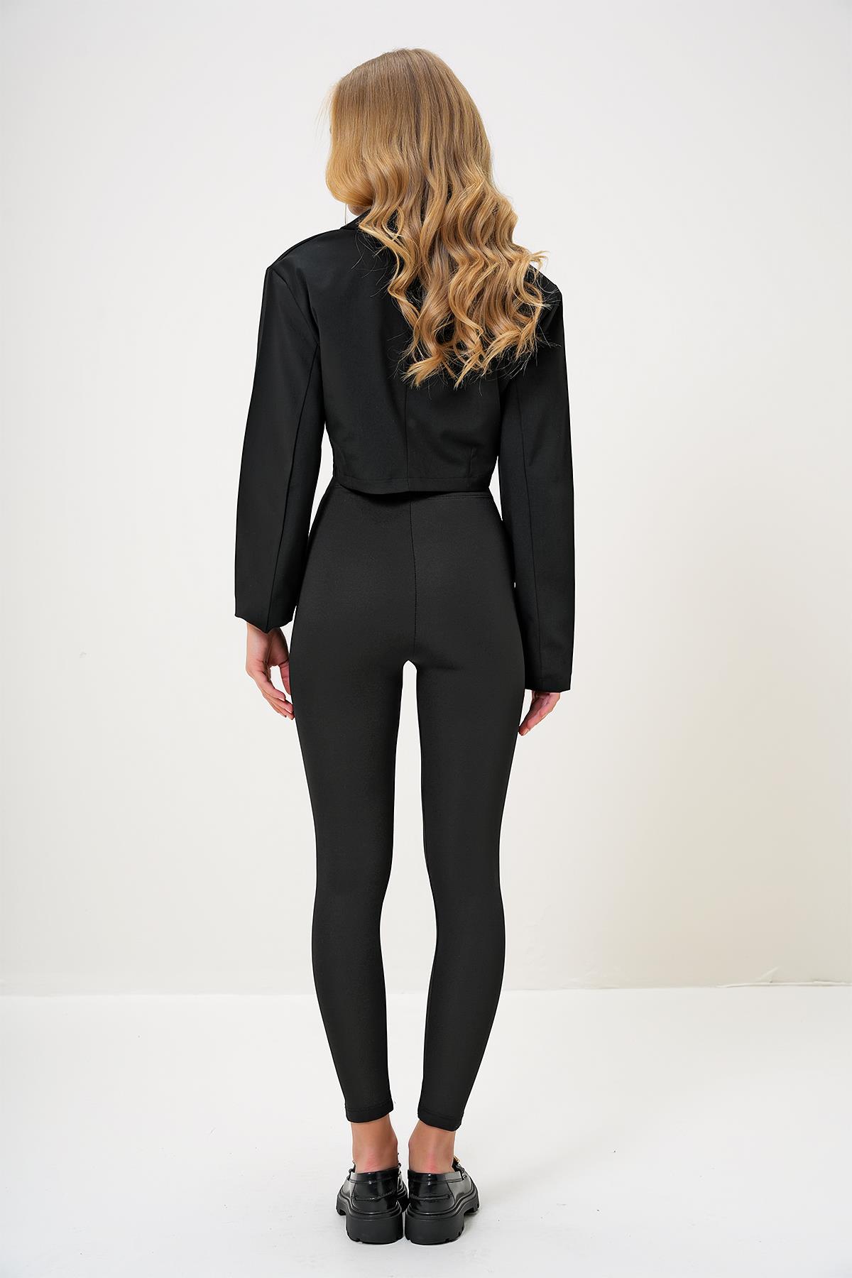 ALTIN RENGİ DÜĞMELİ ÖNÜ ÇIMALI TAYT - SİYAH