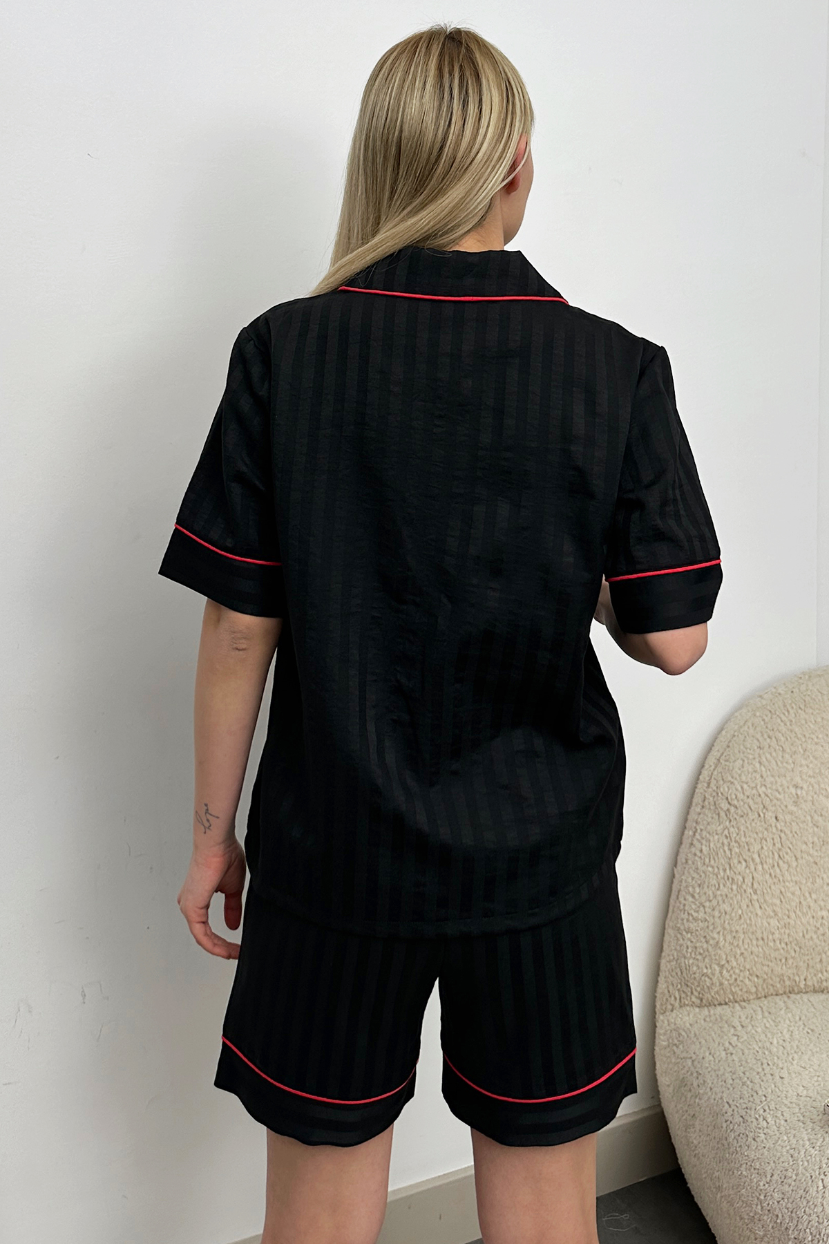 Ara Biyeli Tek Cepli Pamuk Saten Şortlu Premium Pijama Takım - Siyah