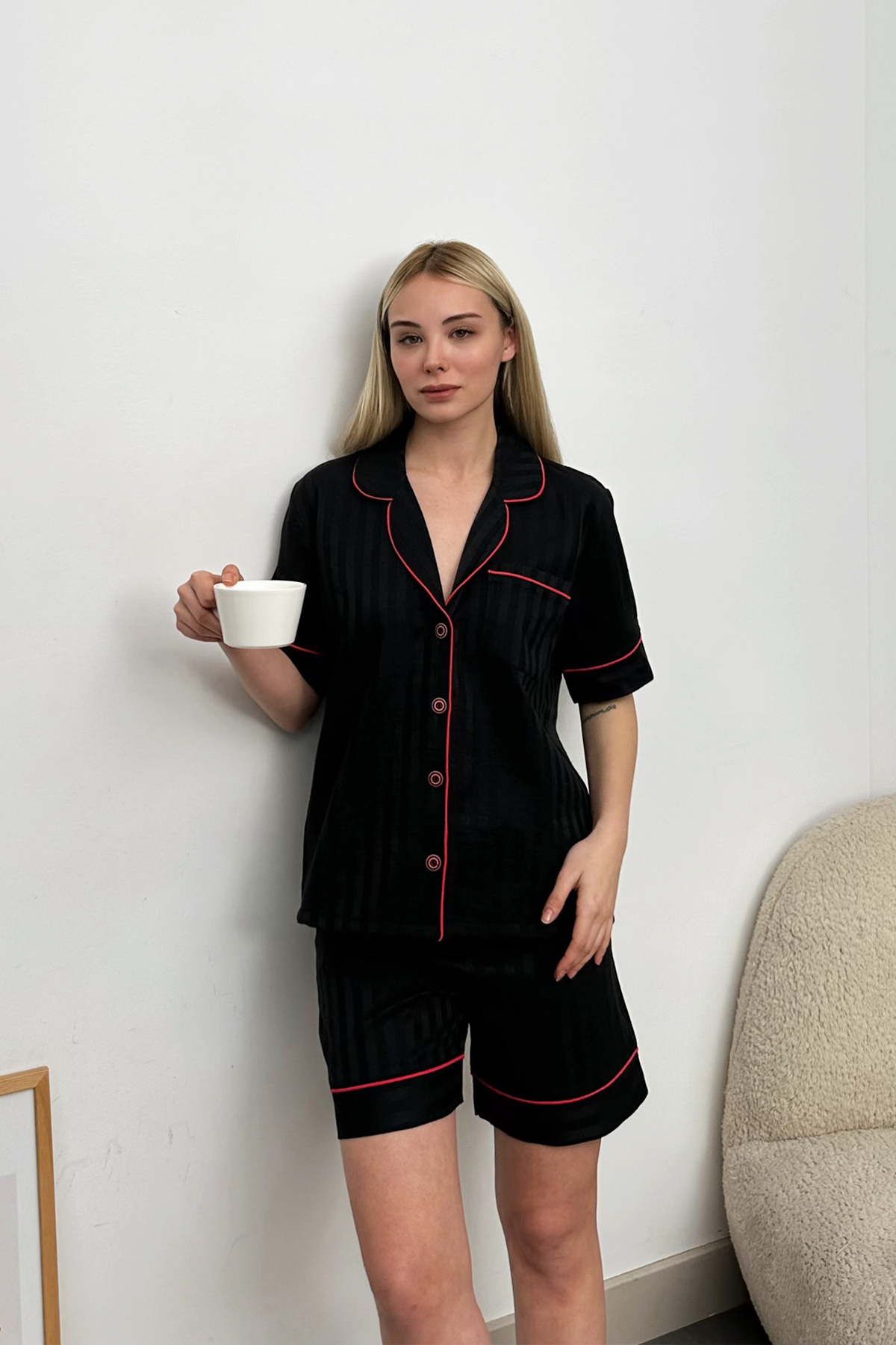 Ara Biyeli Tek Cepli Pamuk Saten Şortlu Premium Pijama Takım - Siyah