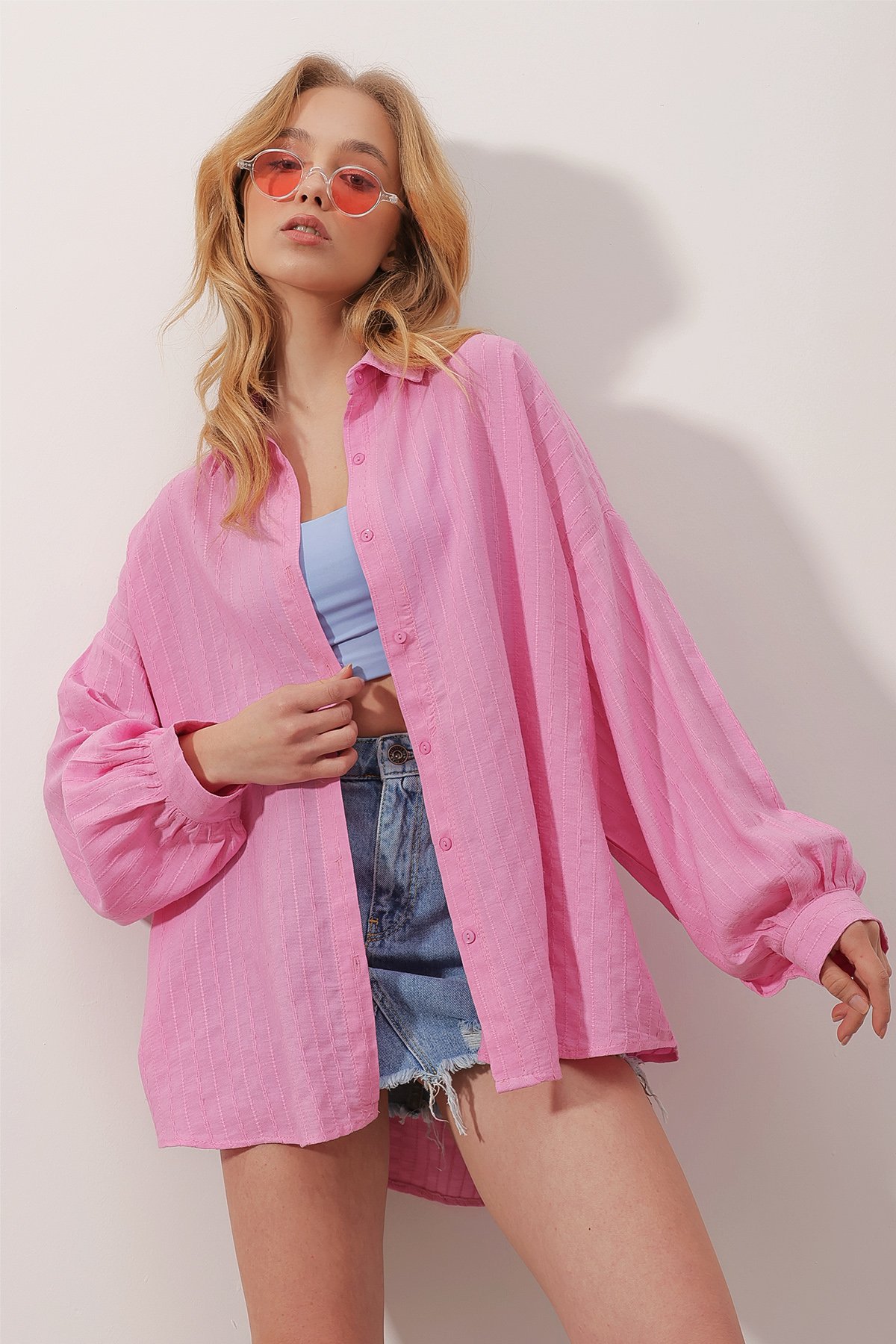 Armürlü Oversize Pamuk Gömlek - Pembe