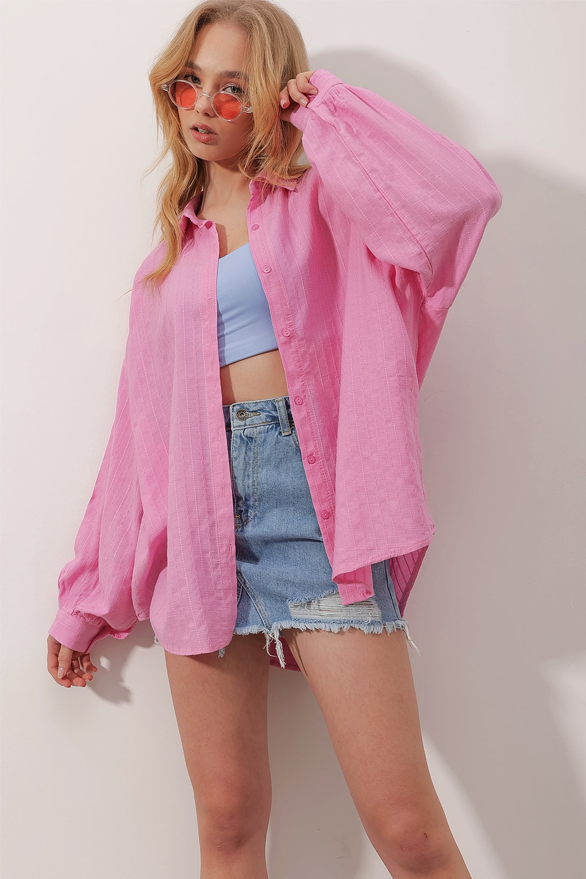 Armürlü Oversize Pamuk Gömlek - Pembe