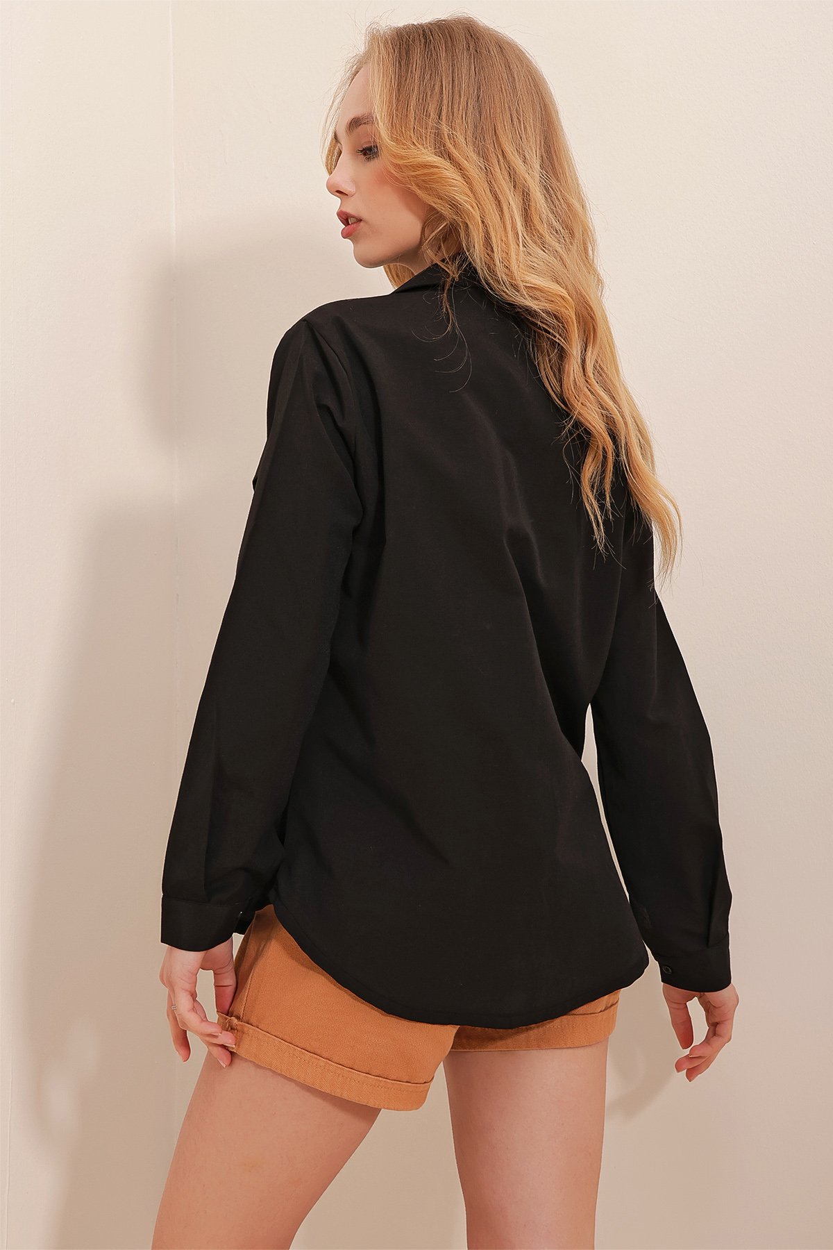 Asimetrik Cepli Oversize Poplin Gömlek - Siyah