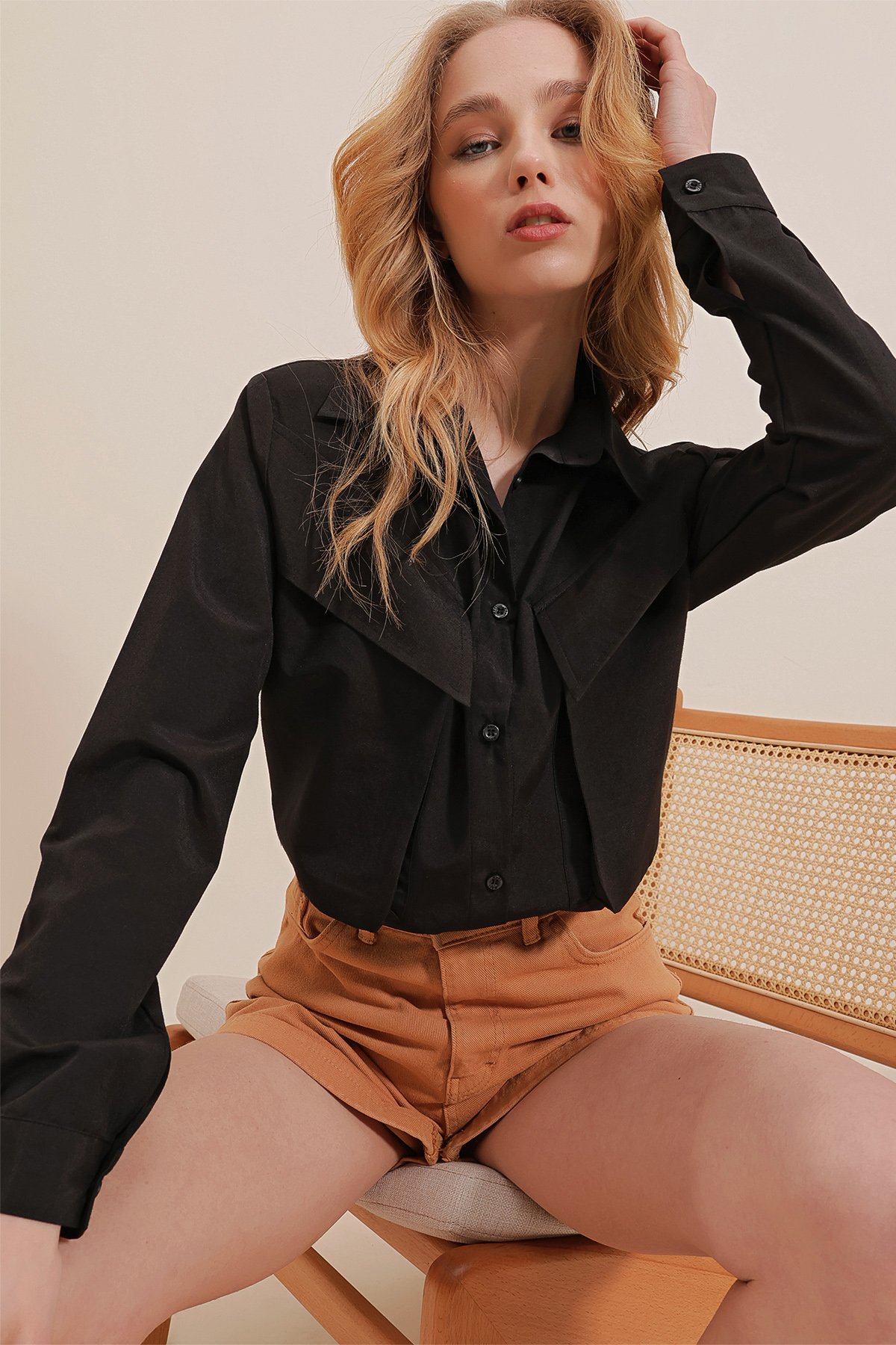 Asimetrik Cepli Oversize Poplin Gömlek - Siyah
