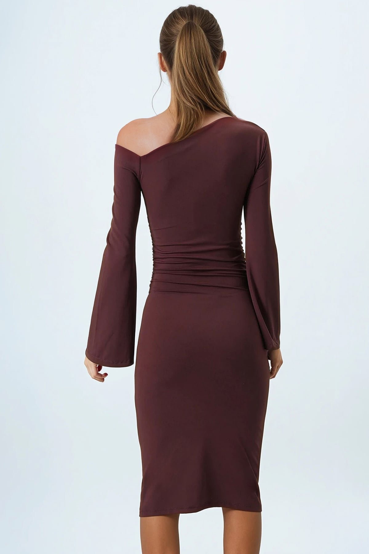 Asimetrik Yaka Basic Sandy Elbise - KAHVERENGİ