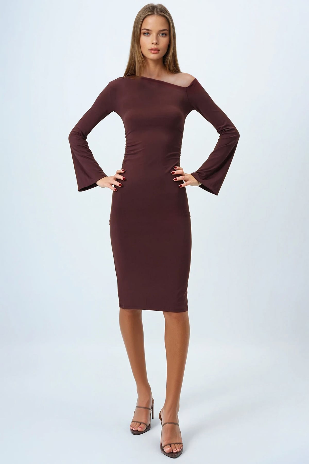 Asimetrik Yaka Basic Sandy Elbise - KAHVERENGİ