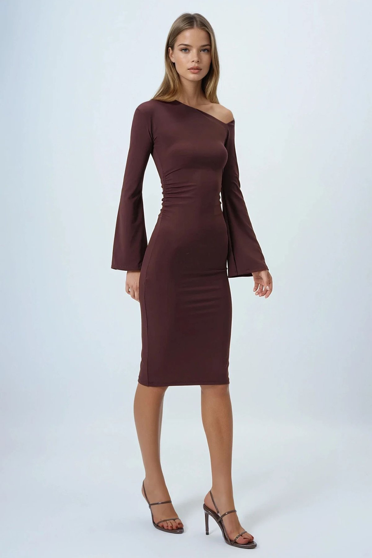 Asimetrik Yaka Basic Sandy Elbise - KAHVERENGİ