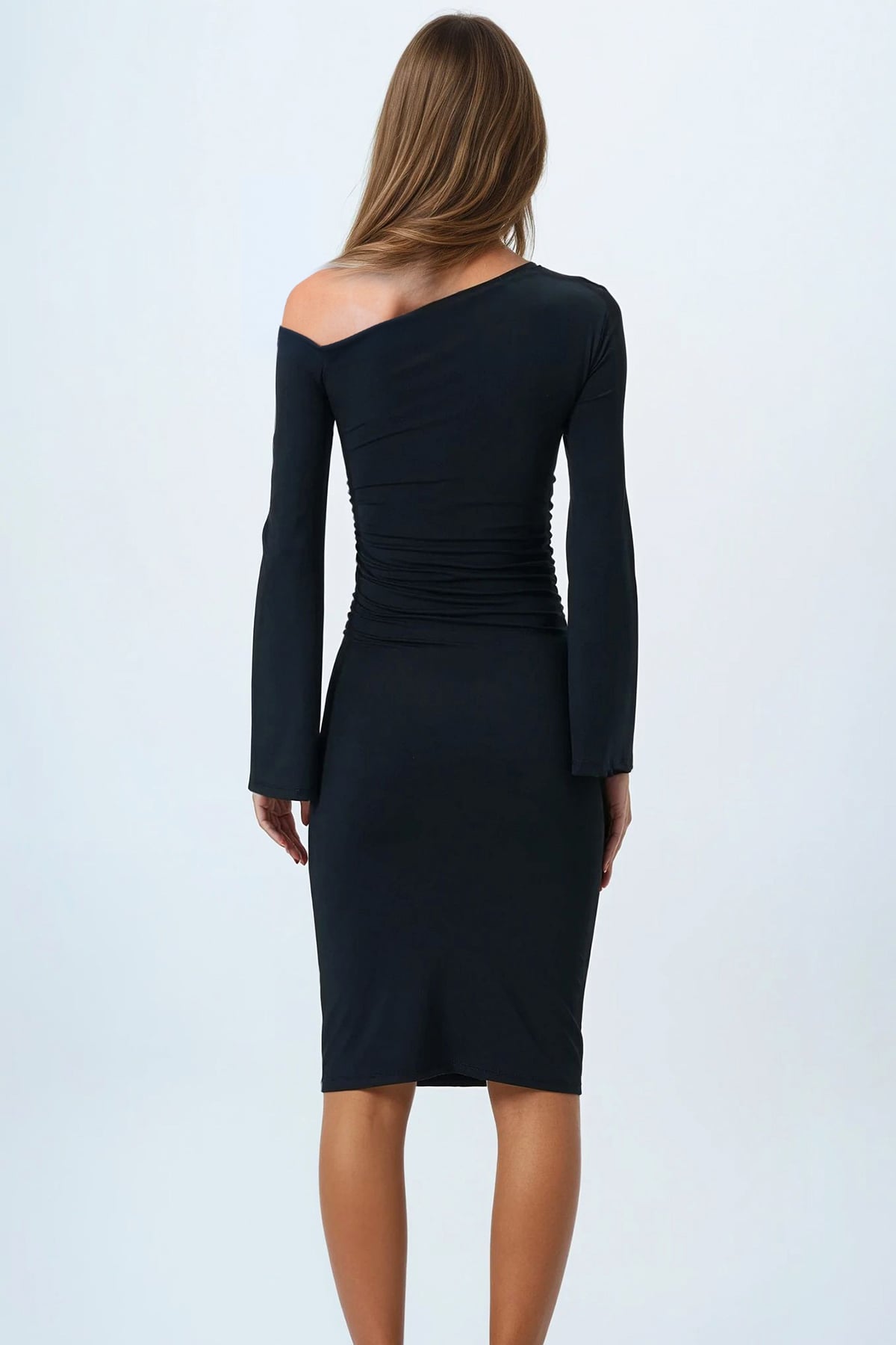 Asimetrik Yaka Basic Sandy Elbise - SİYAH