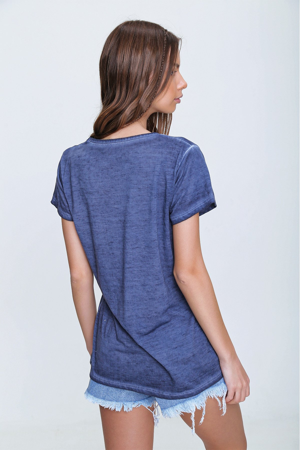 Askı Detaylı Yıkamalı T-Shirt - İndigo