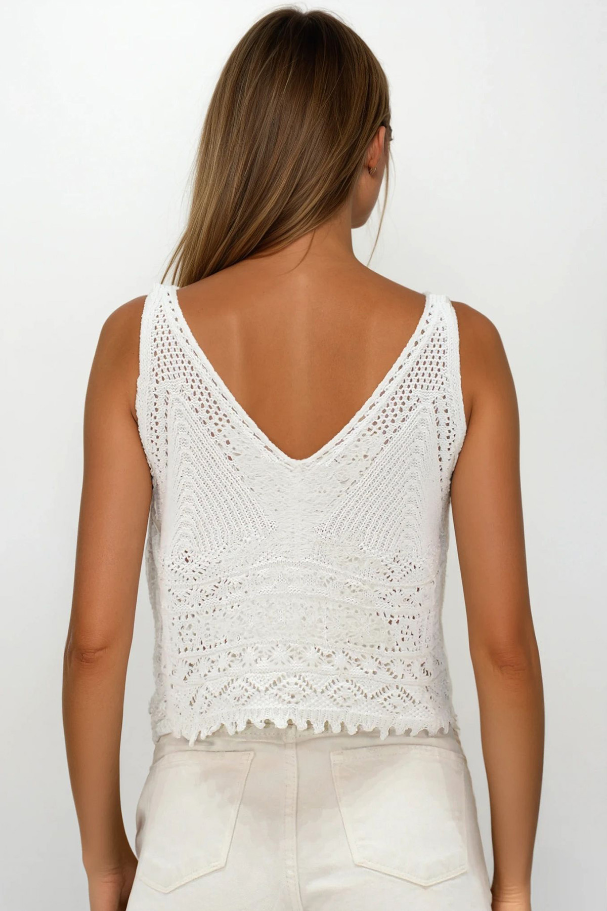 Askılı Ajurlu Örme Crop Bluz - KREM