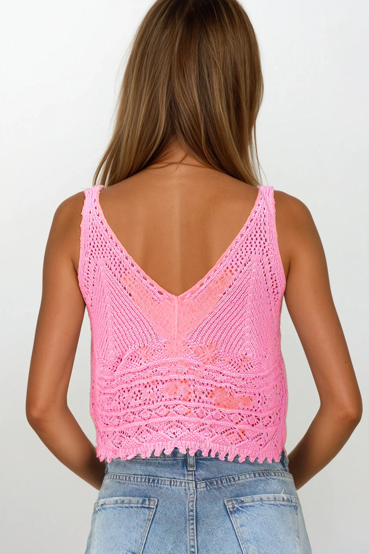 Askılı Ajurlu Örme Crop Bluz - PUDRA PEMBE