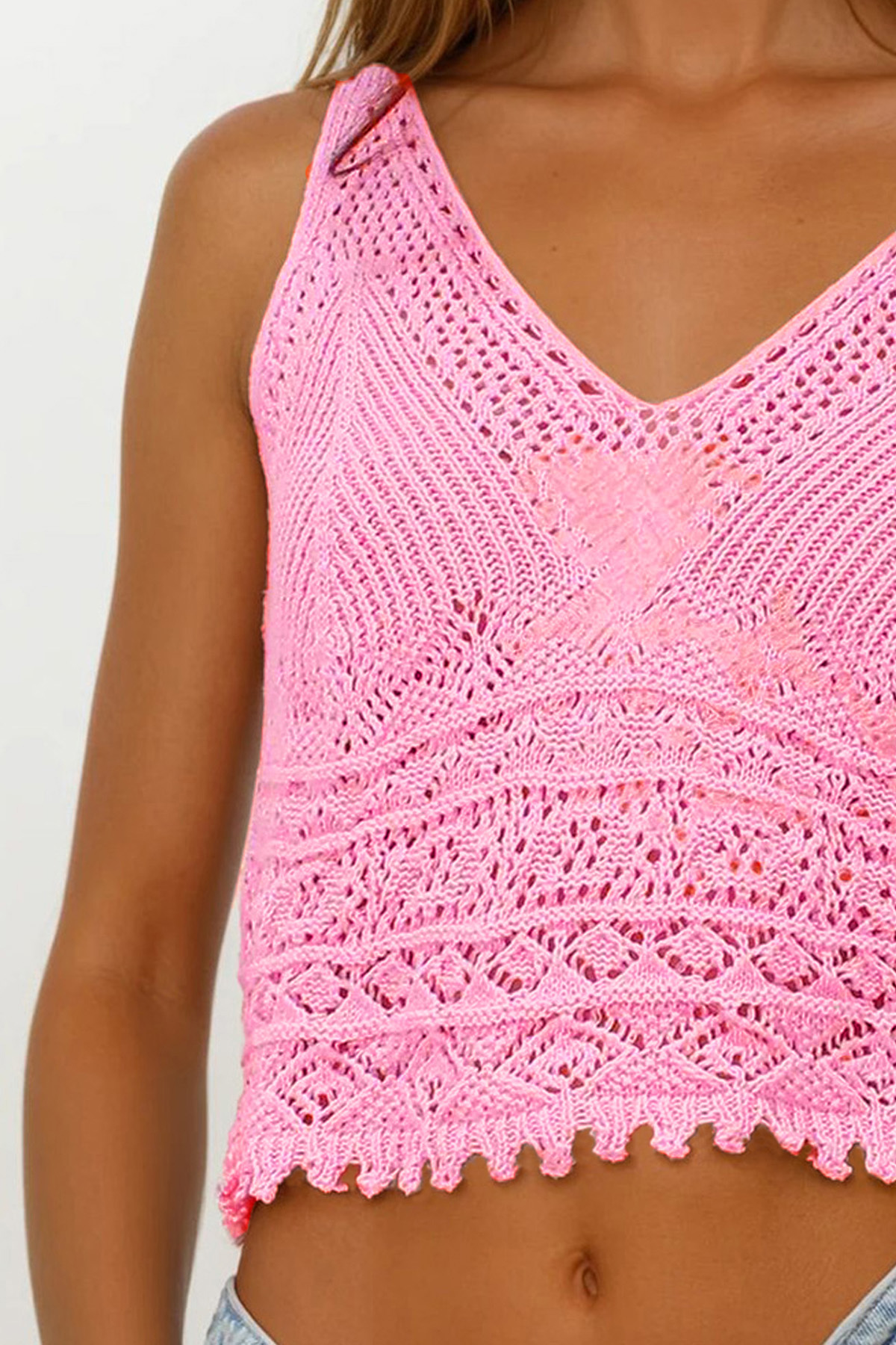 Askılı Ajurlu Örme Crop Bluz - PUDRA PEMBE