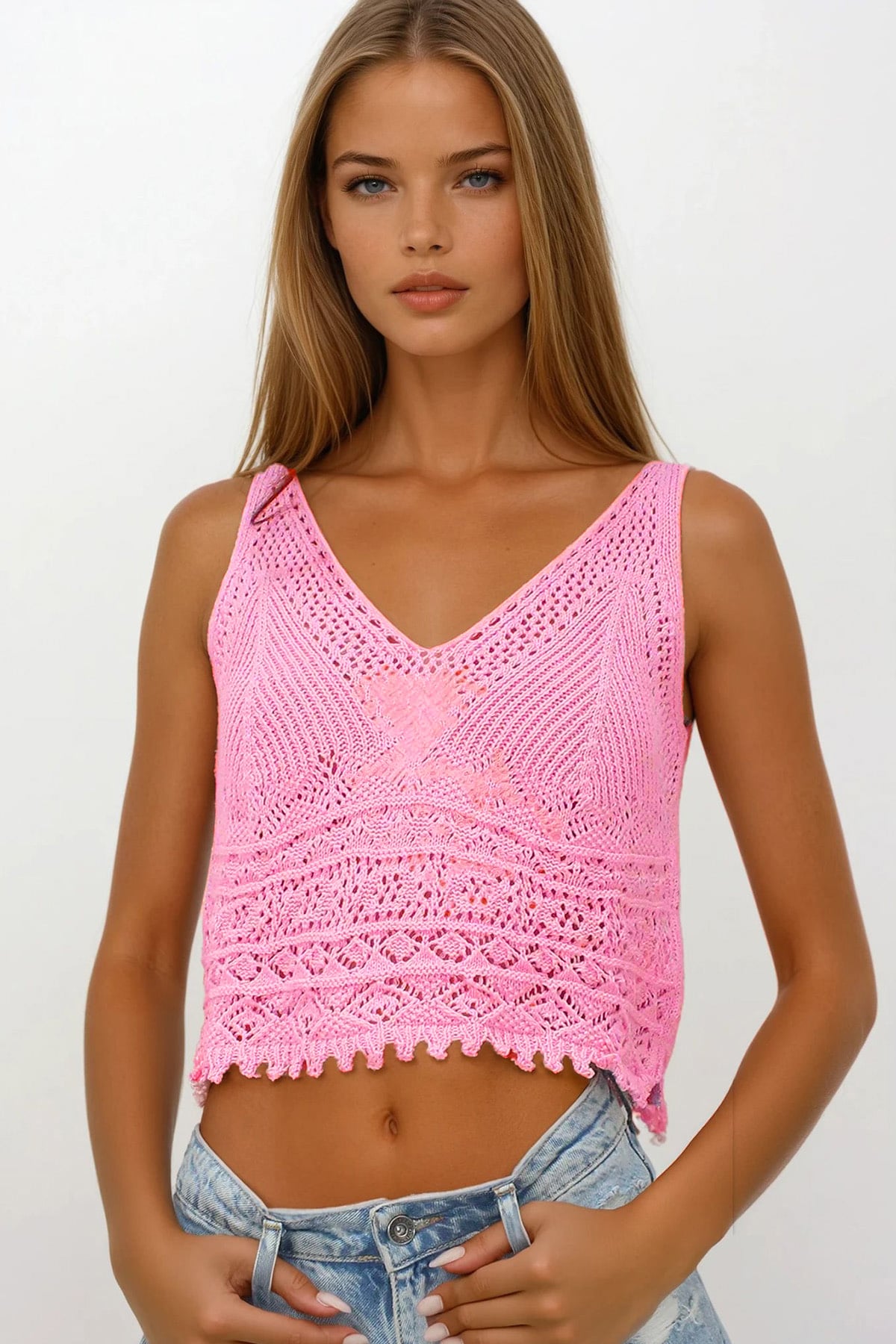 Askılı Ajurlu Örme Crop Bluz - PUDRA PEMBE