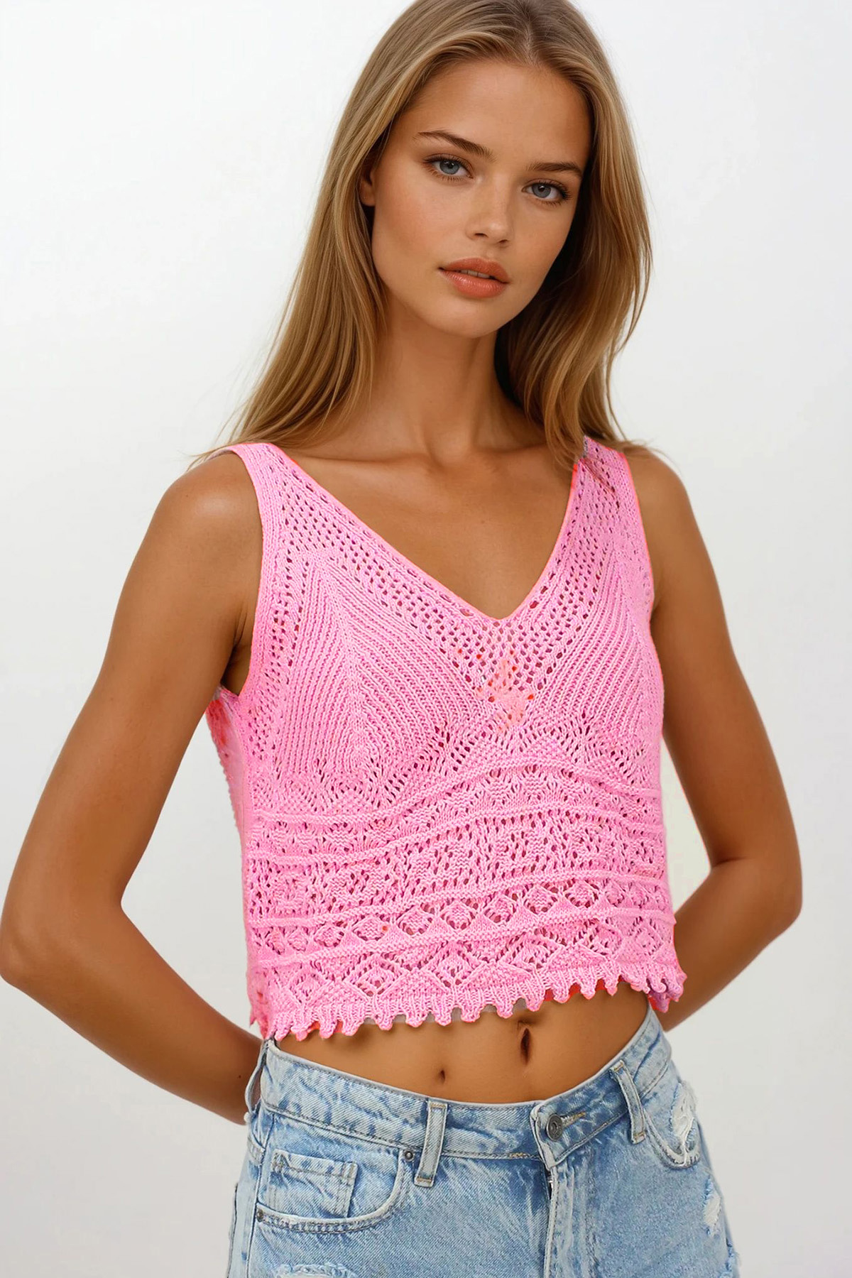 Askılı Ajurlu Örme Crop Bluz - PUDRA PEMBE