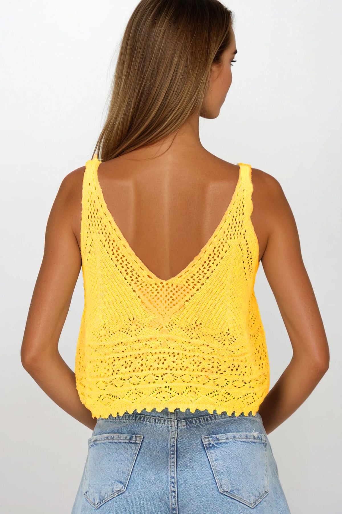 Askılı Ajurlu Örme Crop Bluz - SARI