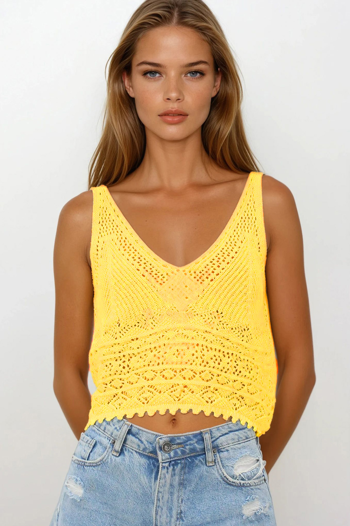 Askılı Ajurlu Örme Crop Bluz - SARI