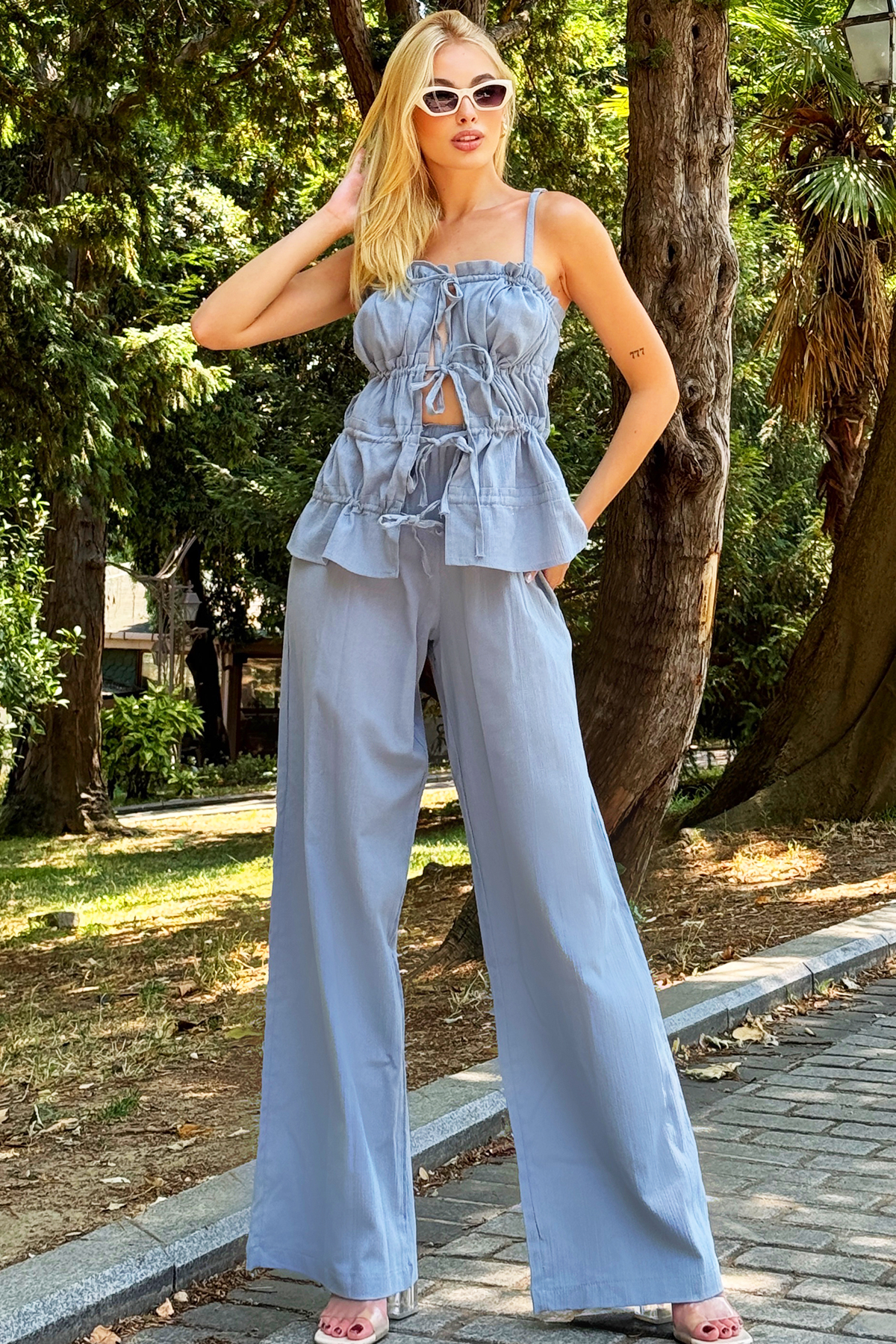 Askılı Bağcık Detaylı Bluz Ve Pantolon Takım - Mavi