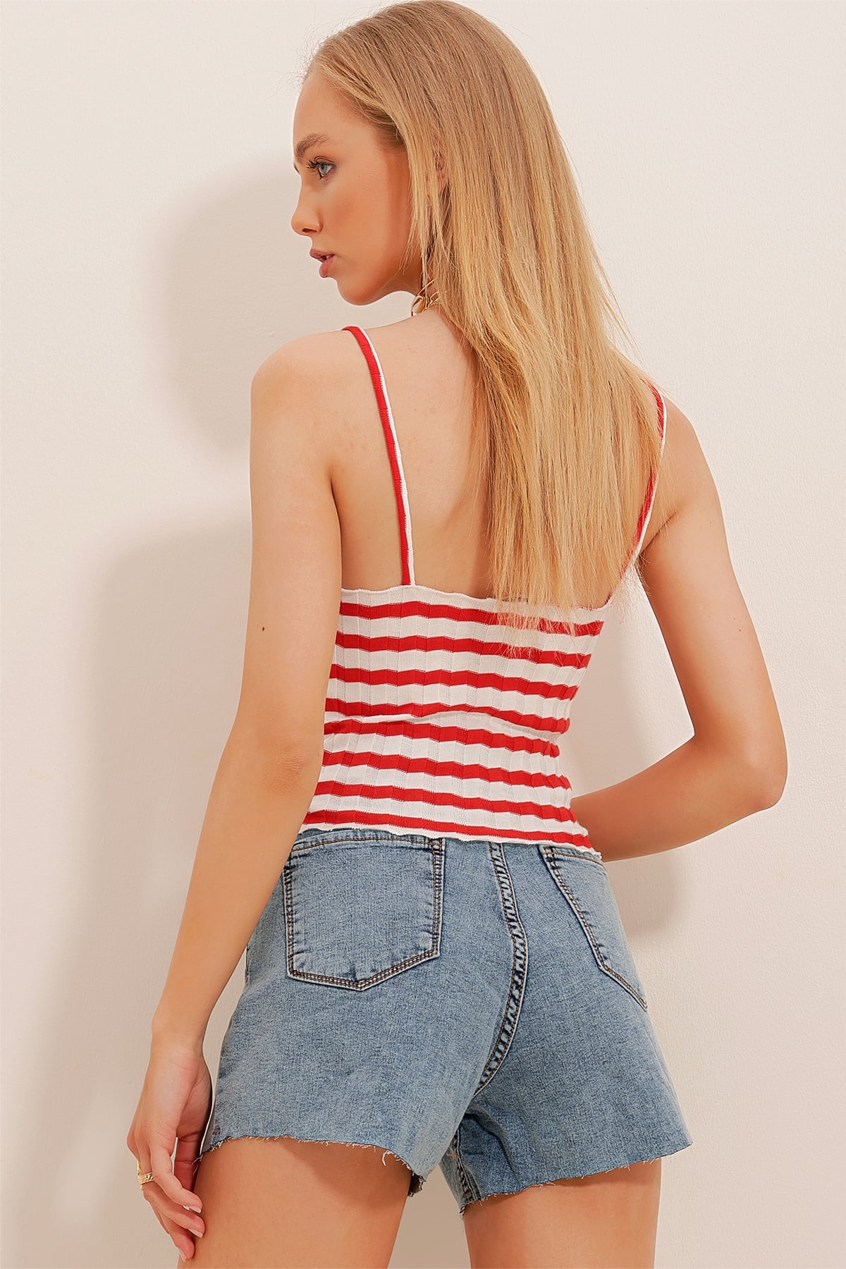 Askılı Crop Fitilli Örme Bluz - Kırmızı