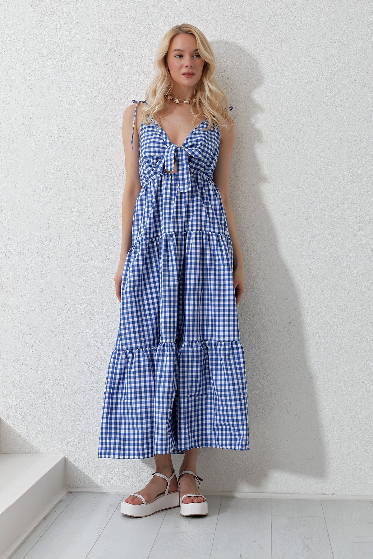 Askılı Kat Kat Volanlı Önü Bağcıklı Maxi Boy Poplin Dokuma Elbise - Saks