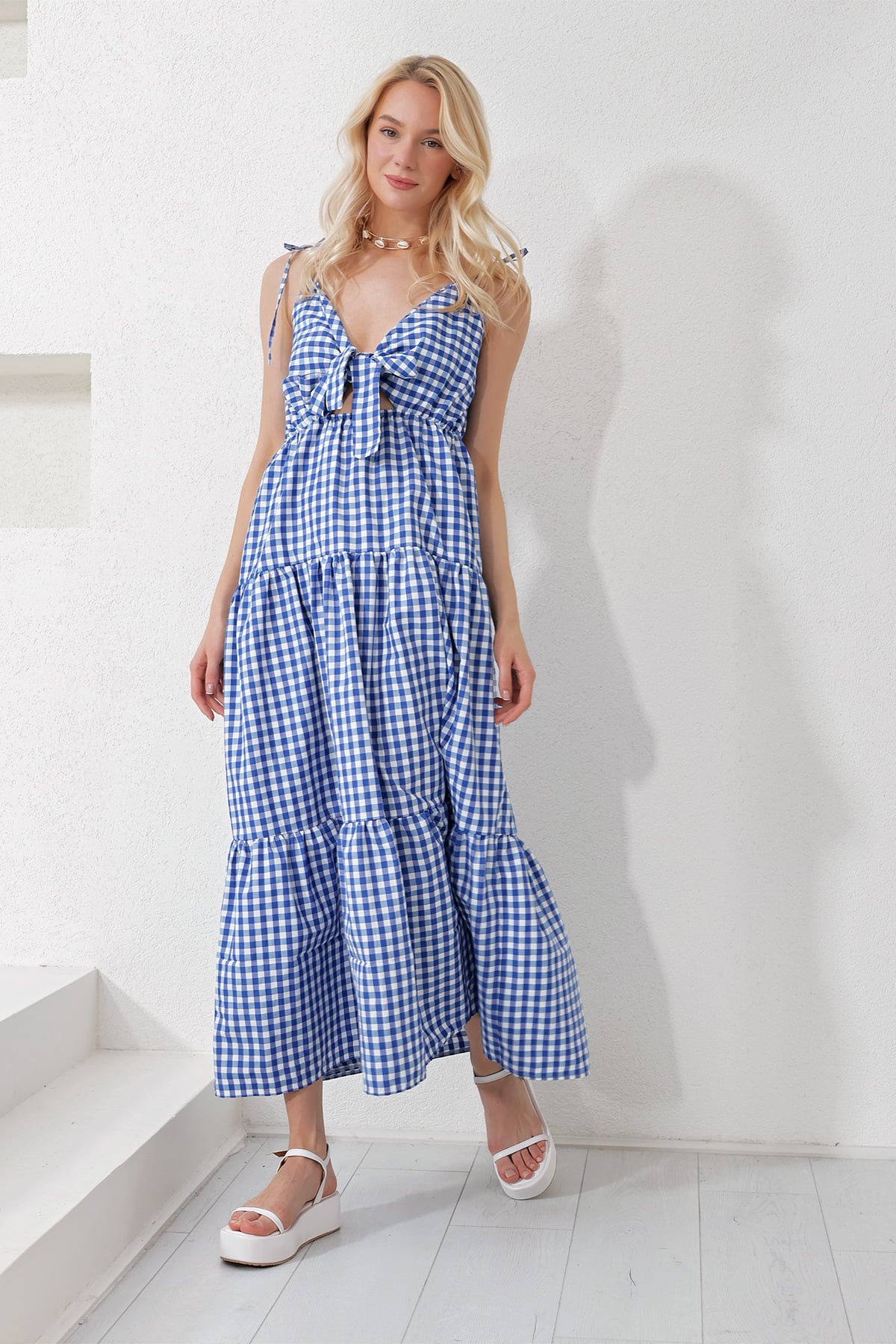 Askılı Kat Kat Volanlı Önü Bağcıklı Maxi Boy Poplin Dokuma Elbise - Saks